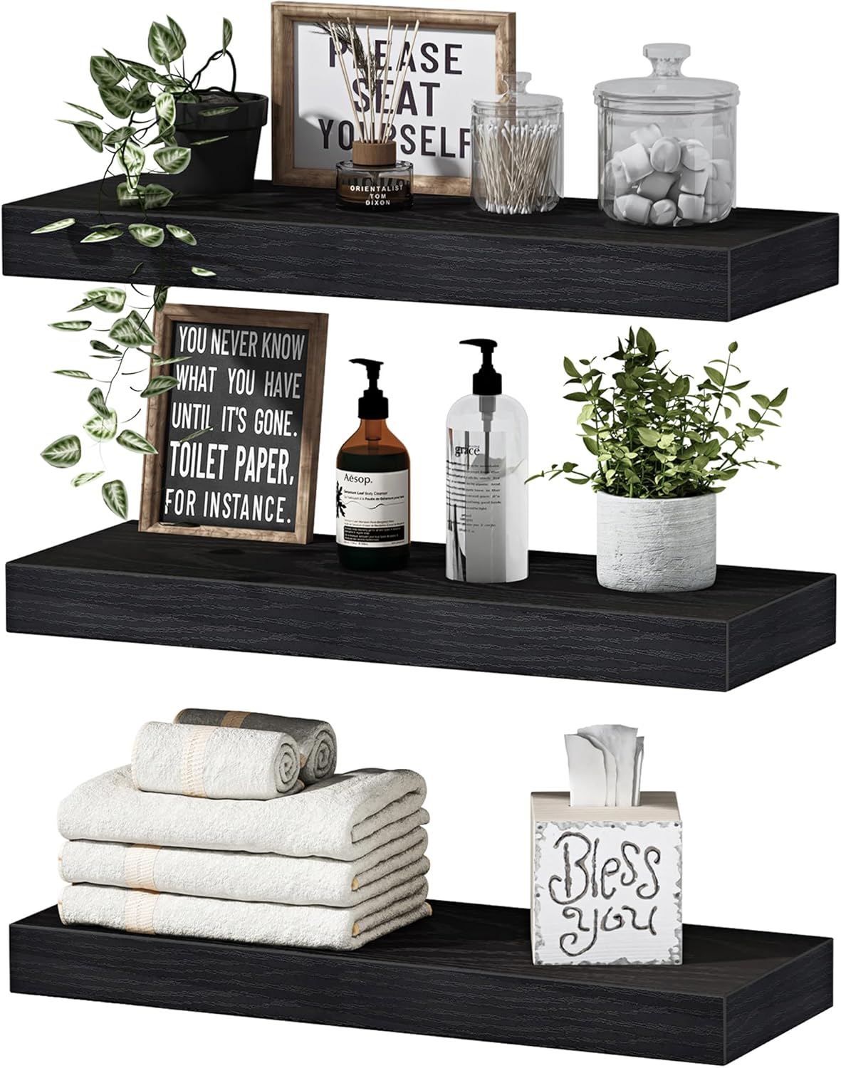 QEEIG Floating Shelves for Wall Bathroom Shelf Bedroom Kitchen Living Room Hanging Book Shelves Small Farmhouse Decor 16 inch Set of 3, Rustic Brown (015-BN3) - Rayz Mart