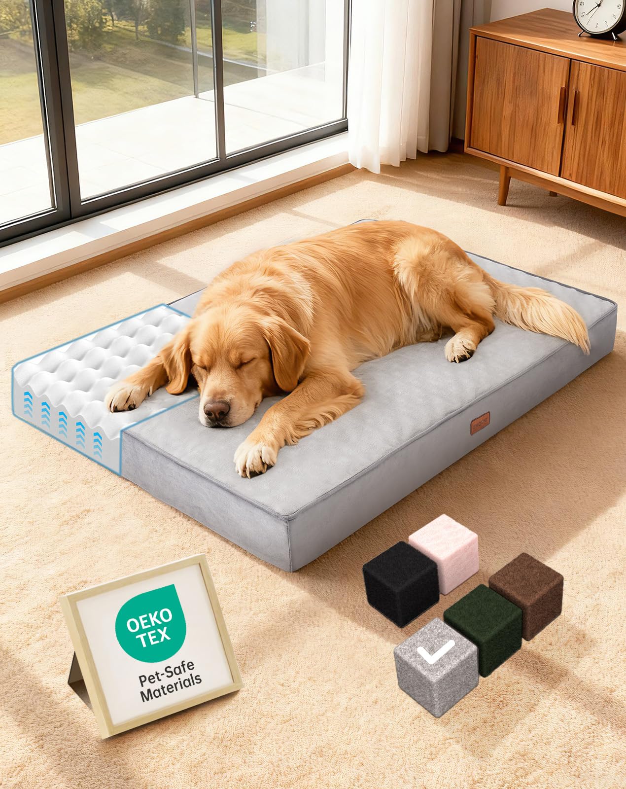 OhGeni Orthopedic Waterproof Dog Bed for Large Dogs, Machine-Washable Removable Cover in Easy-Clean Fabric, High Density Foam & Easy-Carry Handle, Suitable for Crate, 41 inch (Gray)