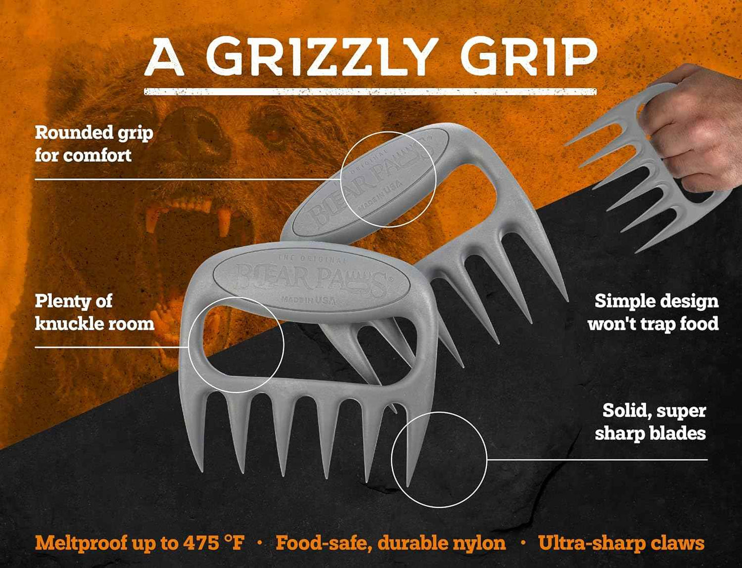 Bear Paws Meat Claws - The Original Meat Shredder Claws for Pulled Pork, USA Made - Easily Lift, Shred, Pull and Serve Pork, Chicken, Brisket and Turkey - Gift for Dad on Father's Day! (Gray)