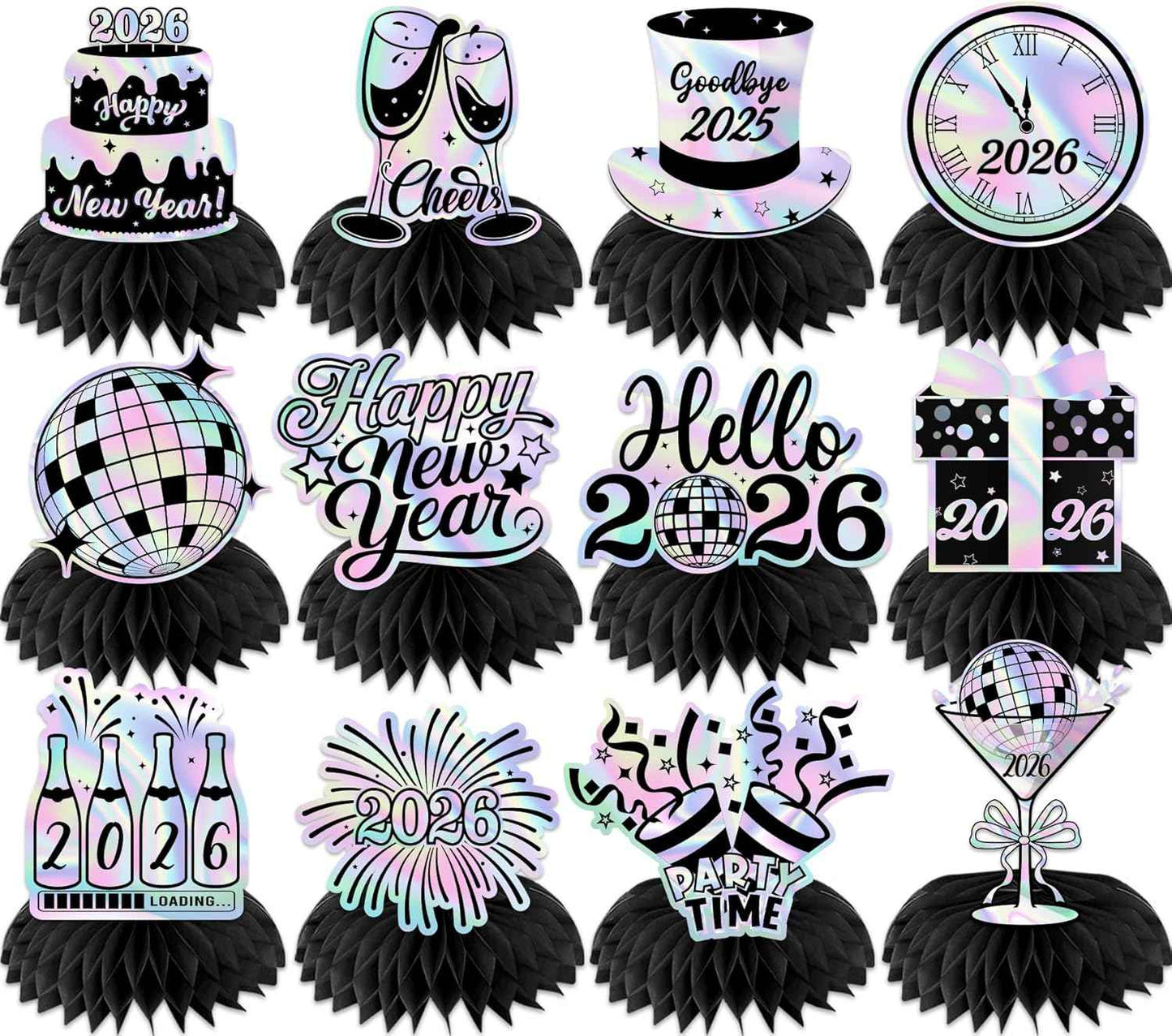 Happy New Year 2026 Honeycomb Centerpieces,Iridescent New Years Eve Decorations 12pcs New Years Table Decorations Centerpiece for 2026 New Year's Eve Supplies