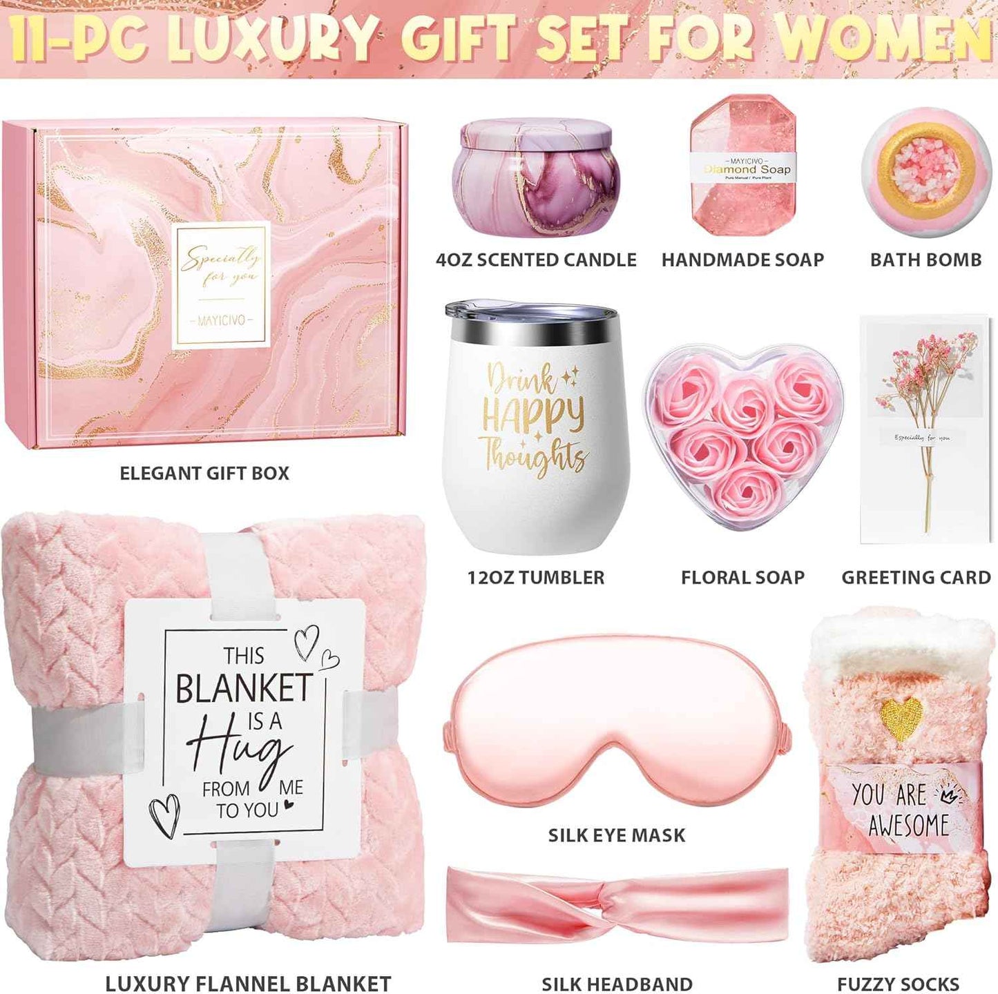 Birthday Gifts for Women Self Care Get Well Soon Gift Baskets, Rose Relaxing Spa Gift Basket Care Package w/ Luxury Flannel Blanket, Unique Valentines Day Gifts for Mom Her Friend Sister Wife Grandma