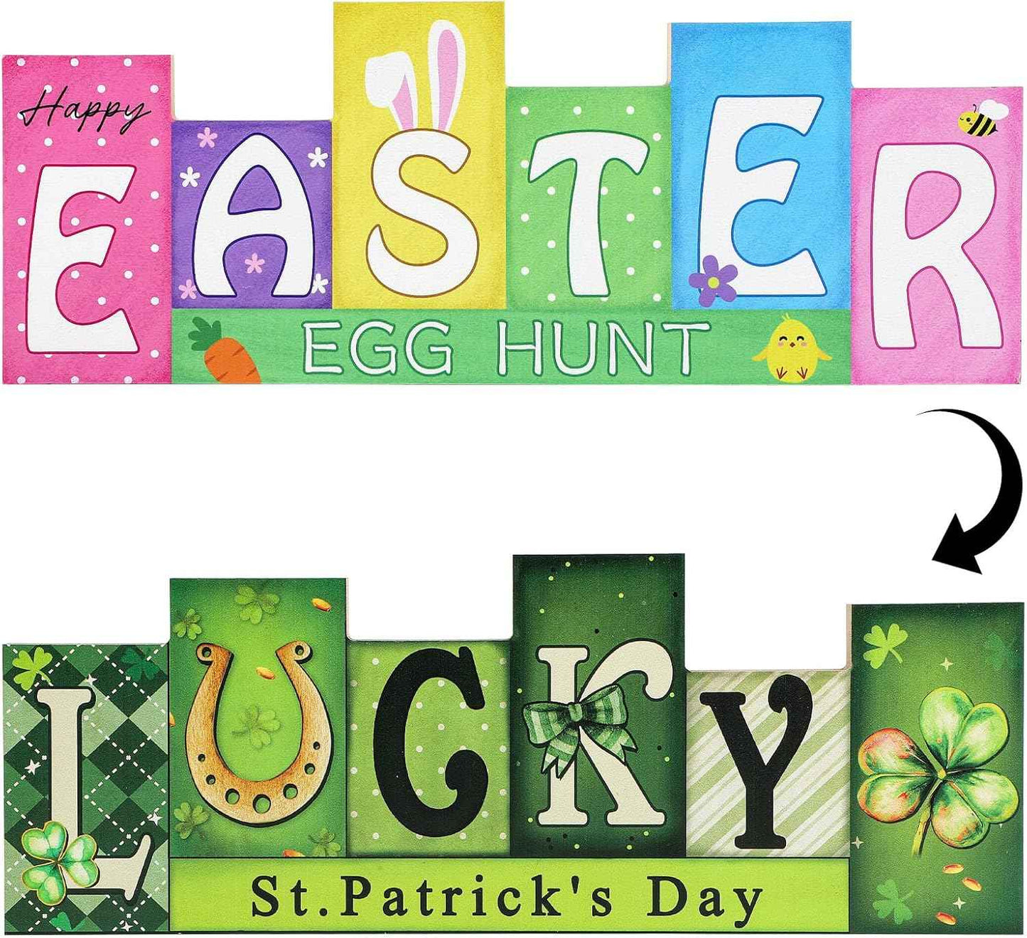 Valentine's Day & St. Patrick's Day Wooden Table Sign - LUCKY LOVE Reversible Tabletop Decor - Rustic Double-Sided Different Theme Irish Farmhouse Table Centerpiece