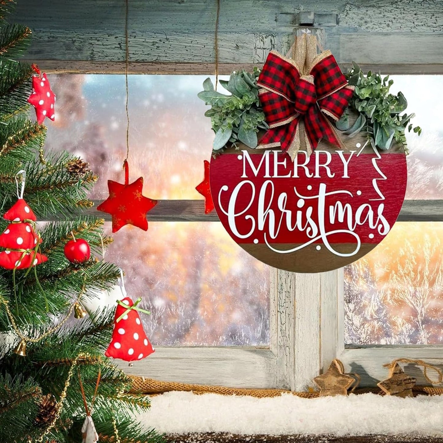 Merry Christmas Wreath Hanging Sign for Front Door, Wooden Welcome Wreaths Sign with Bow for Holiday Rustic Farmhouse Outdoor Wall Window Decor (Merry Christmas)