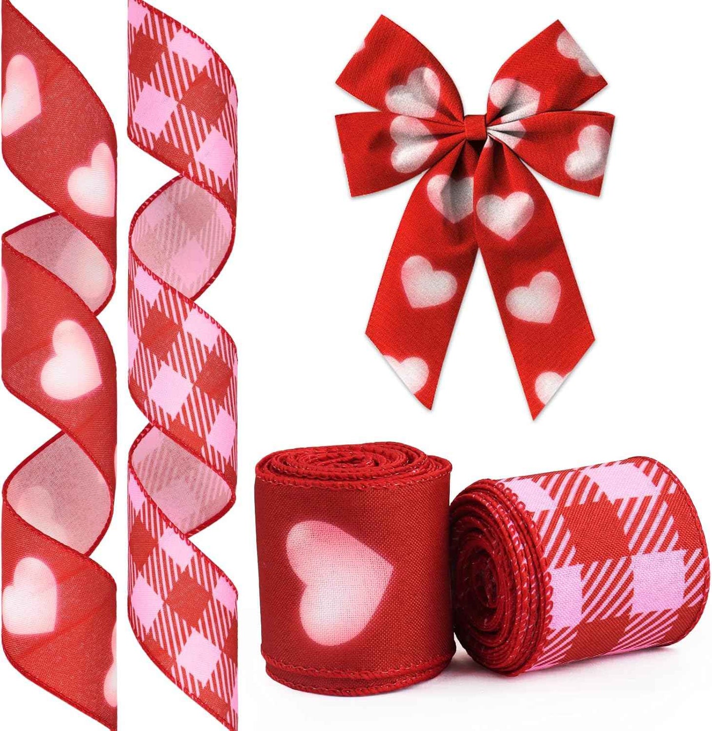 Valentine's Day Ribbon for Wreath Bow Wrapping Gifts, Plaid Red Hearts Patterned Ribbon 2.5" X 10 Yard Wired