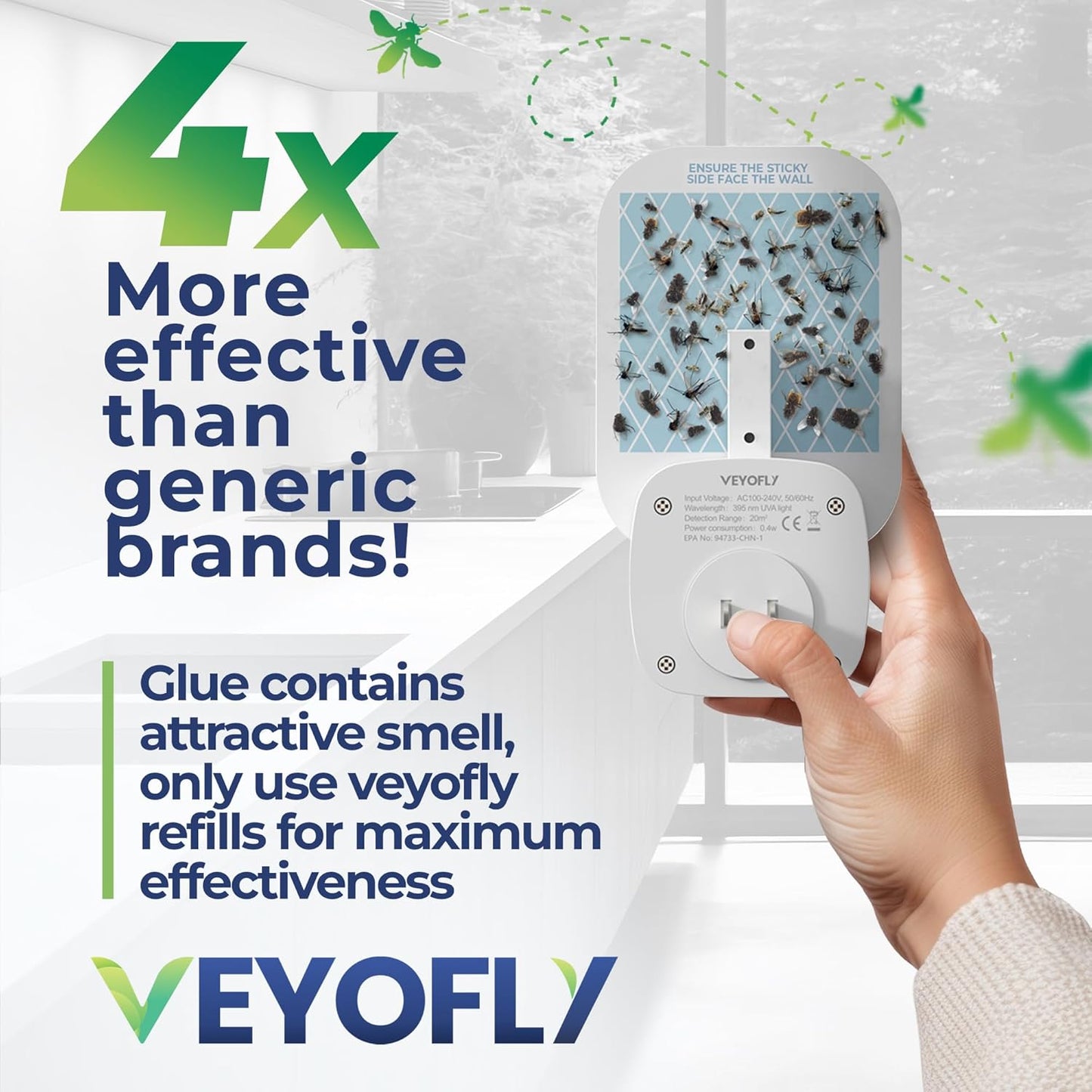 VEYOFLY Fly Catcher Indoor, Fly Trap Indoor, (1 Device + 3 Refills) Fruit Fly Traps for Indoors, Gnat Traps for House Indoor, Bug Killer, Fly Trap, Plug in Light Flying Insect Trap