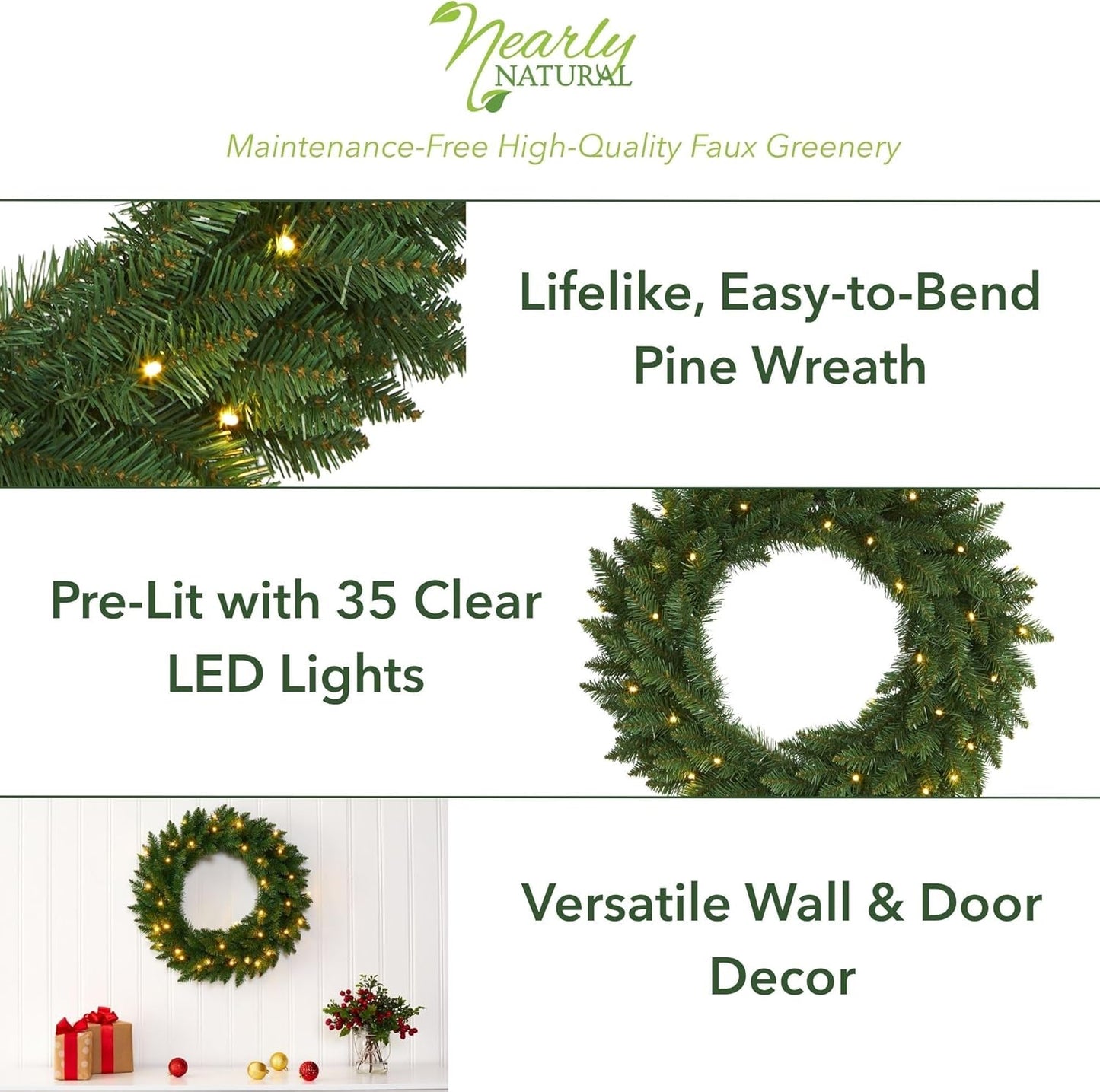 Nearly Natural 24in. Green Pine Artificial Christmas Wreath with 35 Clear LED Lights