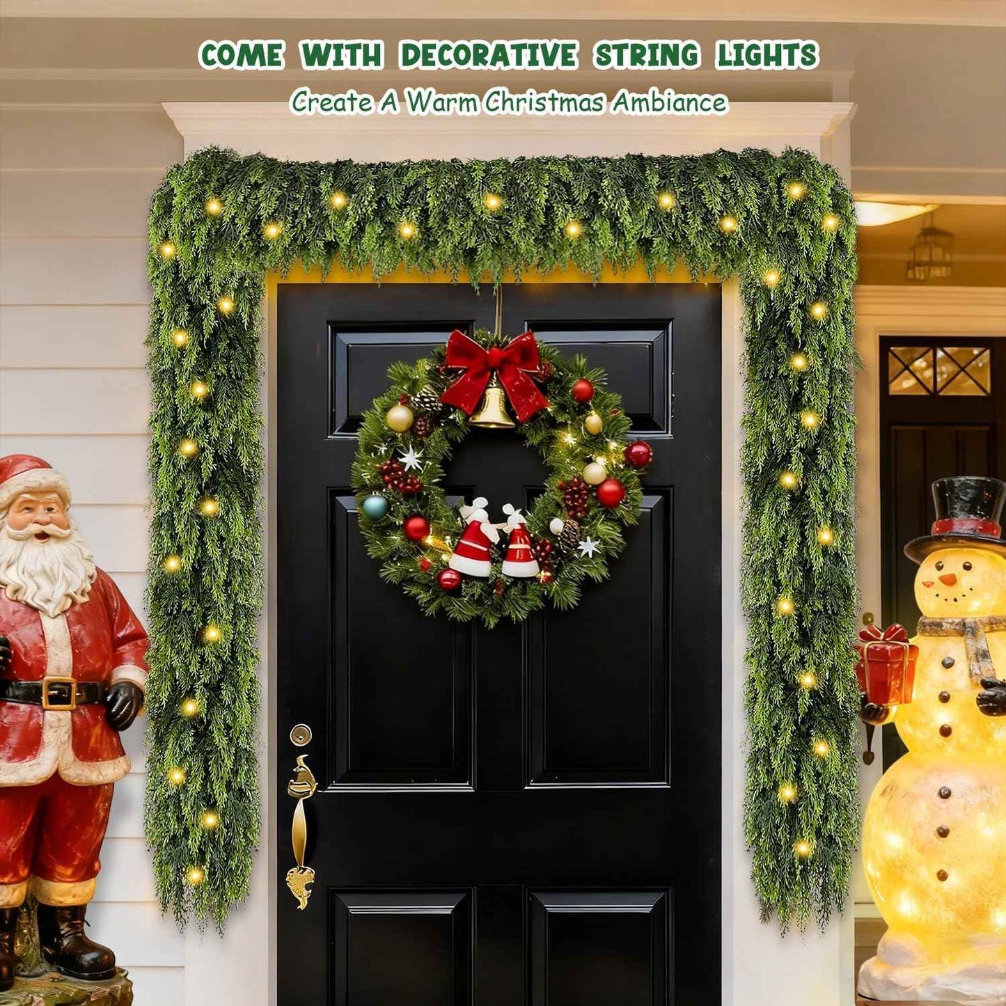 9FT Cedar Garland with Lights, Prelit Christmas Garland Artificial Realistic, Real Touch Pine Christmas Garland for Mantle Stairs Outdoor Decoration, Battery Operated Faux Greenery Garlands Thick Lush