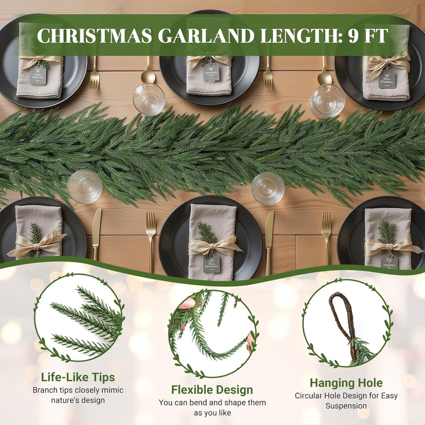 Alupssuc 9ft Christmas Garland, Real Touch Norfolk Pine Garland - Pine Garland, Artificial Greenery Christmas Garland for Mantle, Table, Fireplace, Indoor, Outdoor Christmas Decorations