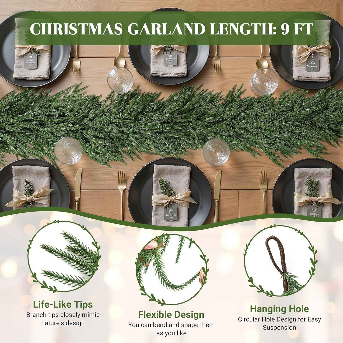 Alupssuc 9ft Christmas Garland, Real Touch Norfolk Pine Garland - Pine Garland, Artificial Greenery Christmas Garland for Mantle, Table, Fireplace, Indoor, Outdoor Christmas Decorations