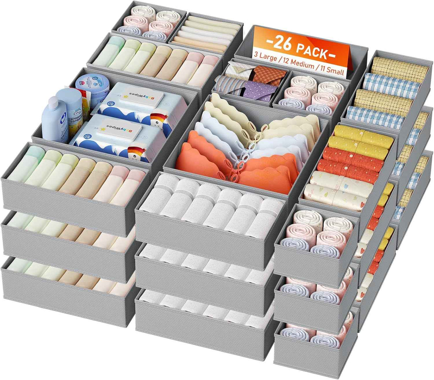 DIMJ Drawer Organizer Clothes, 12 Pack Dresser Organizer, Foldable Closet Organizers and Storage, Fabric Dresser Bins, Drawer Dividers for Nursery, Baby Clothes, Underwears, Sock (Beige)