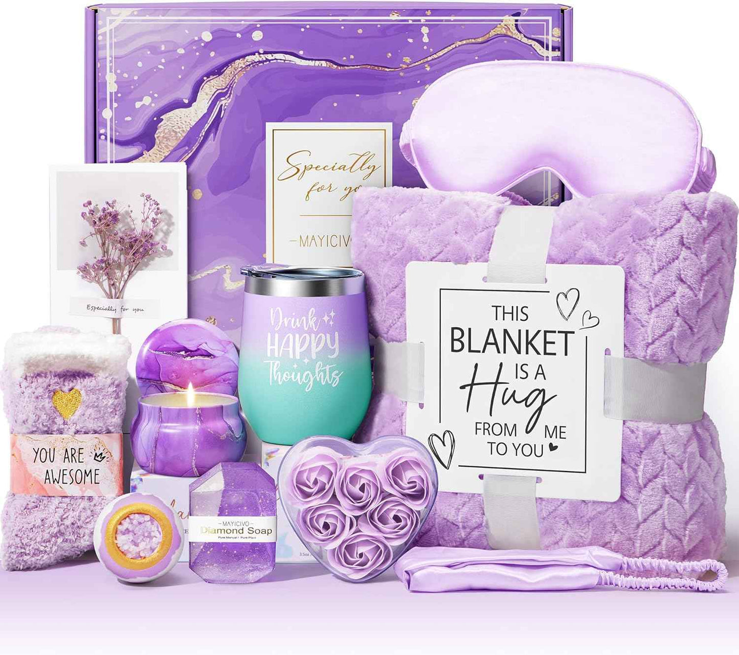 Birthday Gifts for Women Self Care Get Well Soon Gift Baskets, Lavender Relaxing Spa Gift Basket Care Package Flannel Blanket, Unique Valentines Day Gifts for Her Mom Wife Girlfriend Friends Sister