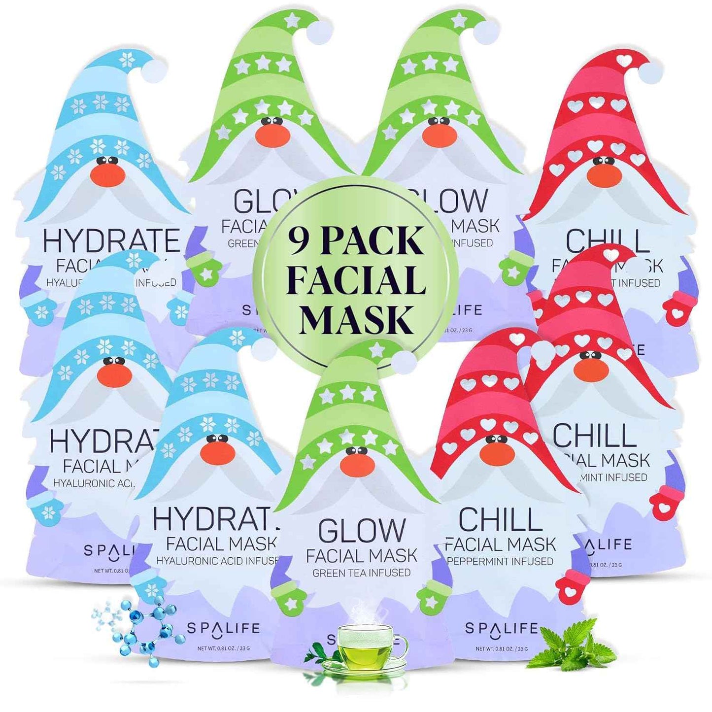 SpaLife Beauty Holiday Treats Christmas Face Mask Bundle | Korean Facial Mask | Hydrating, Soothing and Moisturizing Sheet Mask Set | Stocking Stuffers for Women | Bulk Christmas Gifts | 12 Pack