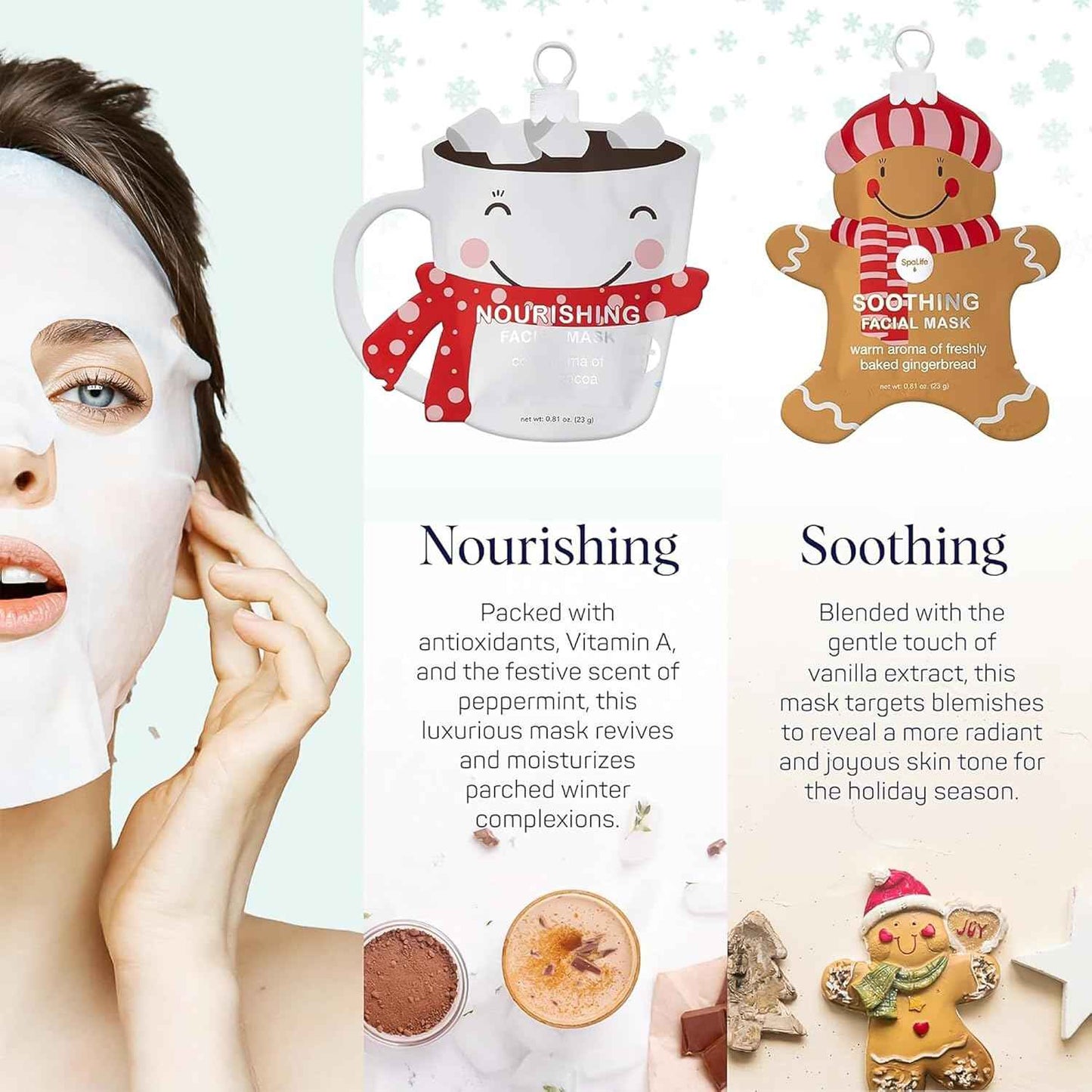 SpaLife Beauty Holiday Treats Christmas Face Mask Bundle | Korean Facial Mask | Hydrating, Soothing and Moisturizing Sheet Mask Set | Stocking Stuffers for Women | Bulk Christmas Gifts | 12 Pack