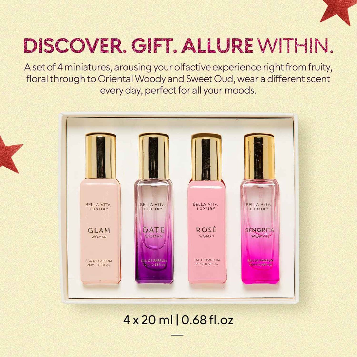 BellaVita Luxury Women's Perfume Gift Set | 4x20ml | Notes of Floral, Sweet, Spicey Red Fruit, Vanilla & Musk | DATE, SENORITA, GLAM & ROSE | French Parfum Collection Gift Set