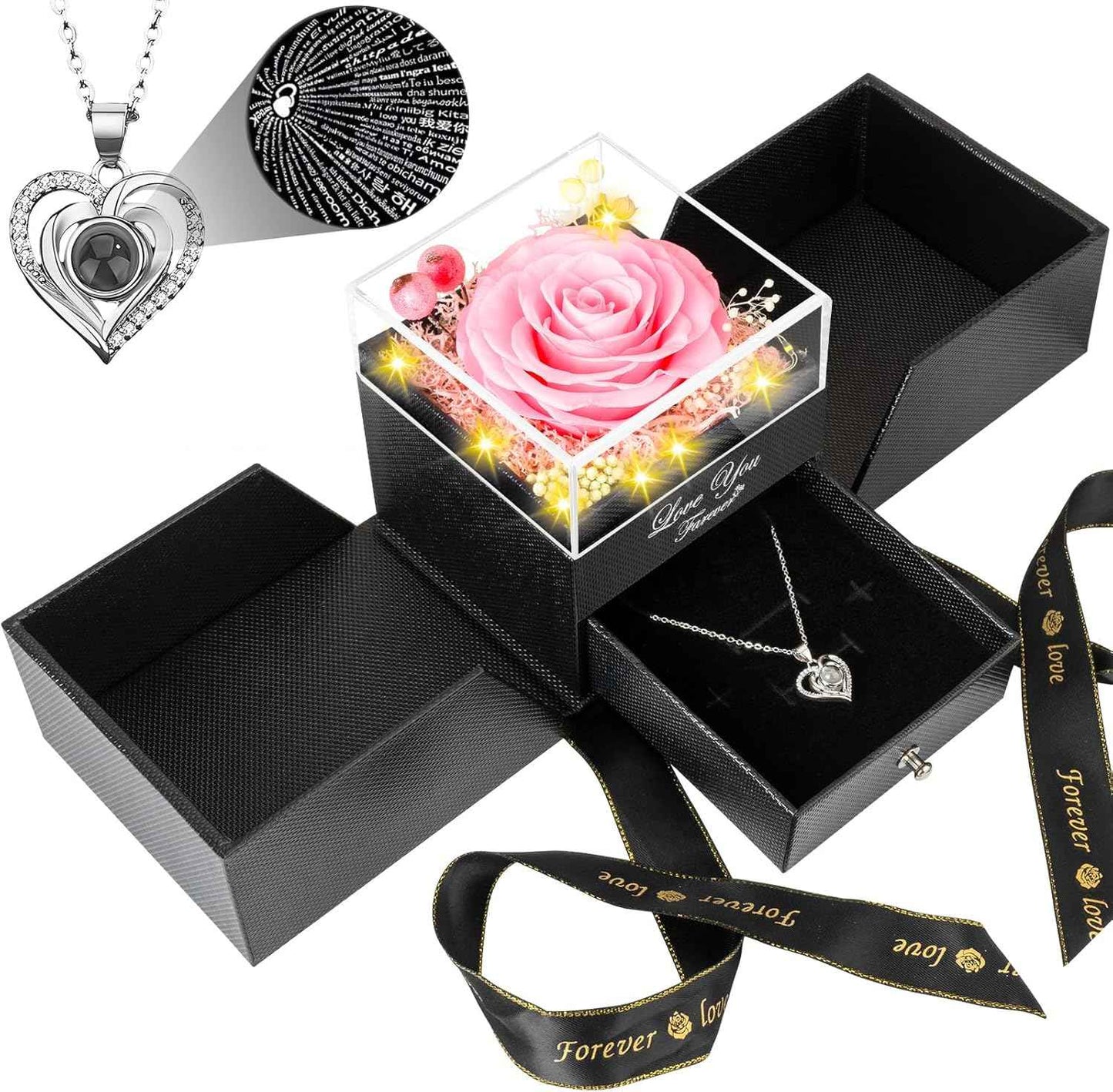 Preserved Real Red Rose with Necklace Forever Flowers Rose Valentines Day Gifts for Her Wife Girlfriend Women Mom Grandma on Valentines Mothers Day Sweetest Day Christmas Anniversary Romantic-Red