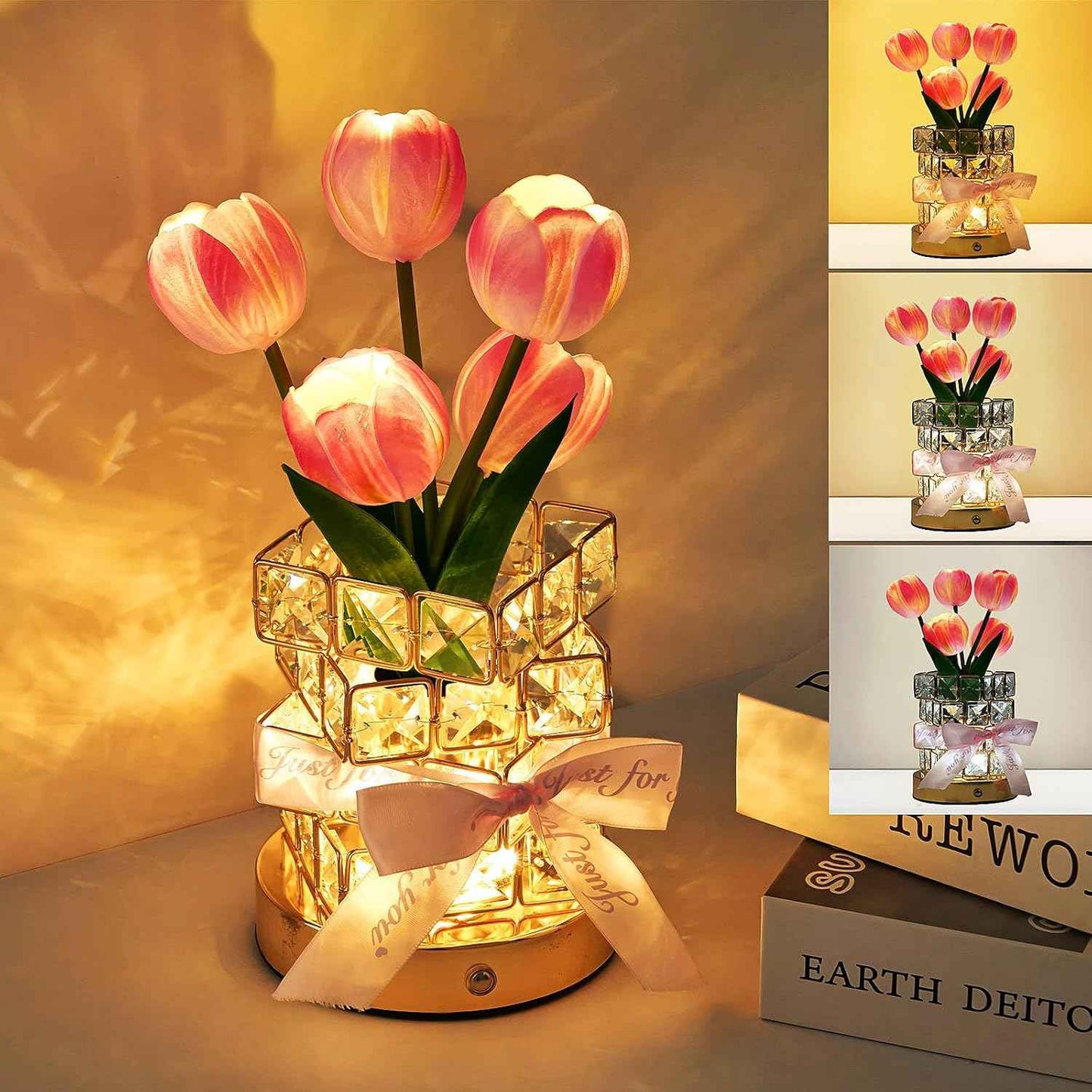 Rose Flower Lamp,Rechargeable Cordless Touch Table Lamp for Bedroom,3-Colour Dimming Small Night Light,Crystal Bedside Lamps with USB Charge,Birthday Valentine's Day Gifts for Women,Mom,Wife,Her