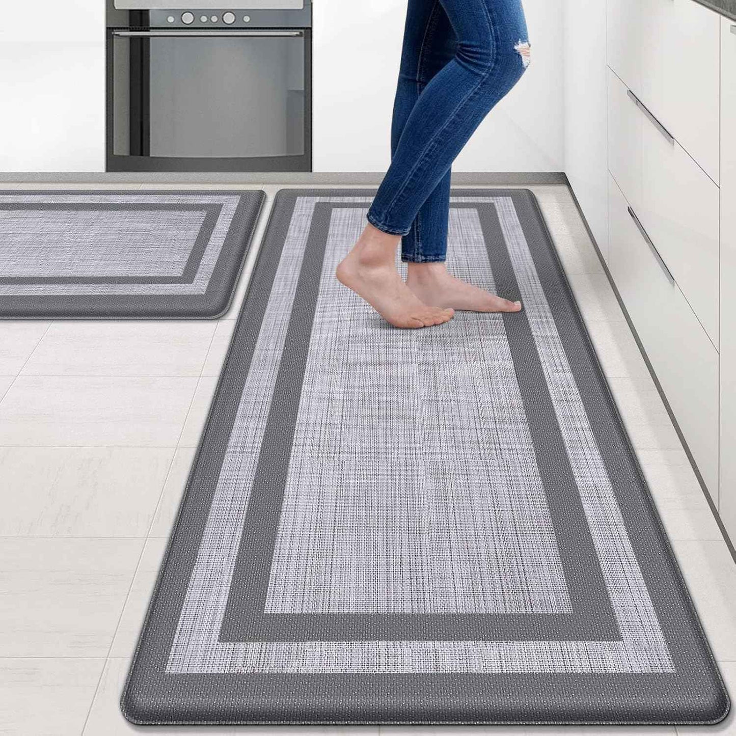 Mattitude Kitchen Mats Set of 2,Cushioned Anti-Fatigue Non-Skid Rug Sets Ergonomic Comfort Standing Mat for Kitchen, Floor, Office, Sink, Laundry, Black and Gray