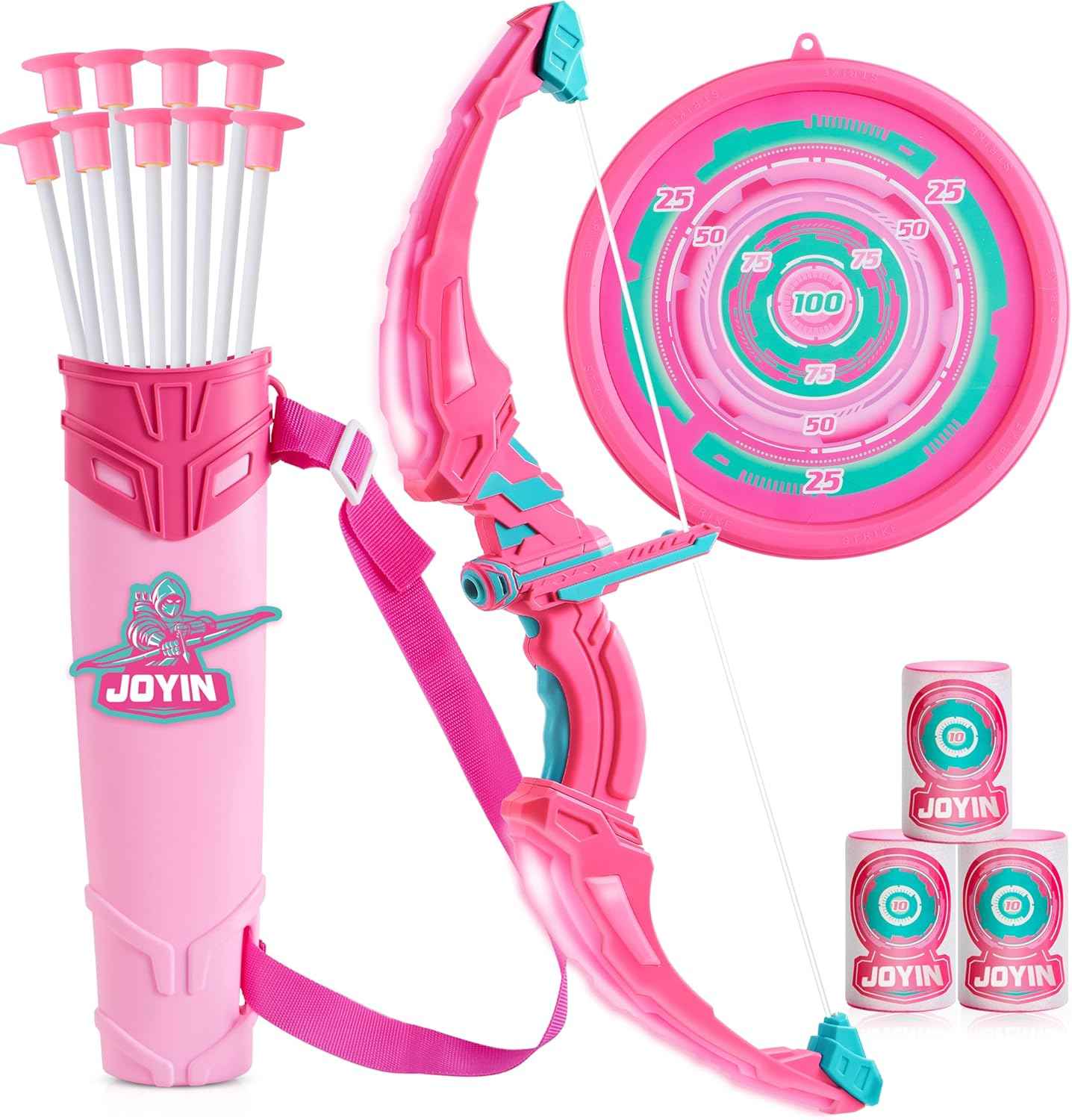 JOYIN Kids Bow and Arrow Set, LED Light Up Archery Toy Set with 9 Suction Cup Arrows, Target & Arrow Case, Indoor and Outdoor Hunting Play Gift Toys for Kids, Boys & Girls Ages 6-12