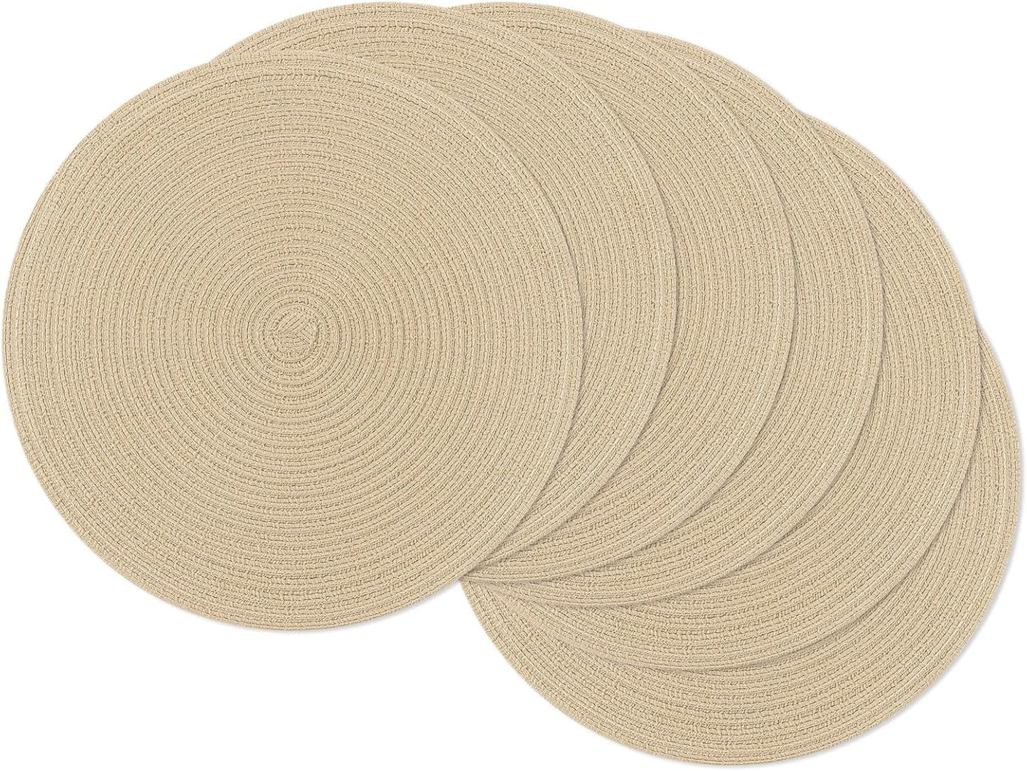 SHACOS 15 inch Round Braided Placemats Set of 6 Non Slip Heat Resistant Cotton Polyester Table Mats Washable Place Mats for Kitchen Dining Party Table Decor (Beige, 6)
