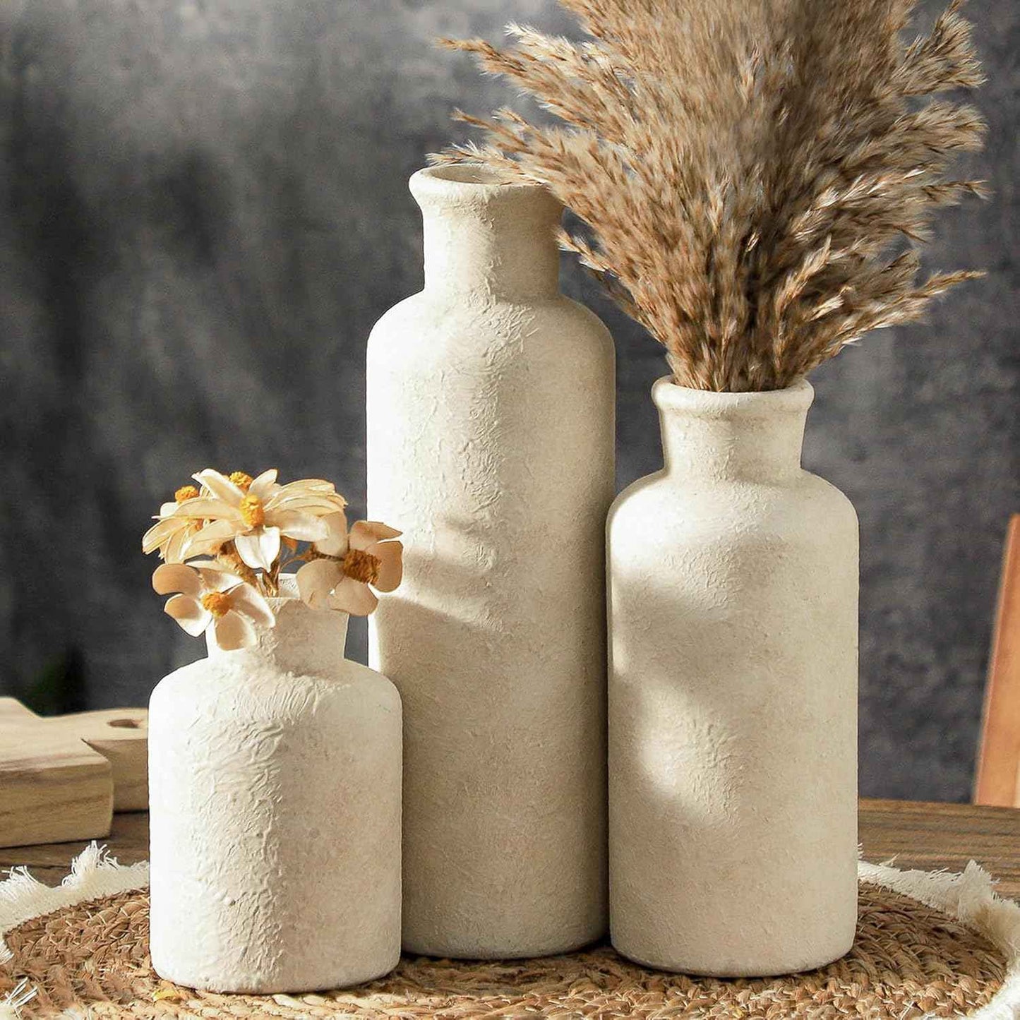 Ceramic Vase Set of 3, Neutral Flower Vases Home Decor, Pottery Rustic Farmhouse Decorative Vases Modern Decor for Table Mantel Entryway Bookshelf Living Room Kitchen Bedroom - Brown