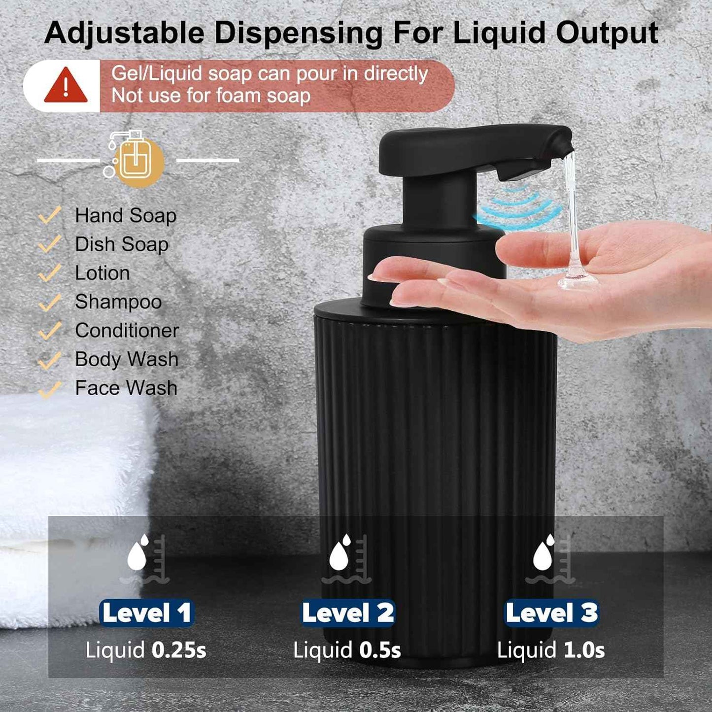 Automatic Soap Dispenser Liquid Touchless: 9oz Black Plastic - Rechargeable Electric Smart 3 Level Adjustable Auto Hand Soap Dispenser - Dish Bathroom Kitchen