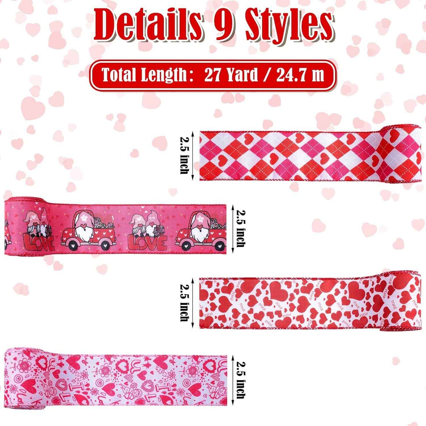 9 Rolls Valentines Wired Edge Ribbon Red Love Heart Truck Pattern Ribbons for Christmas Gift Wrap DIY Crafts Wedding Birthday Party Decoration Bow 2. 5 Inch