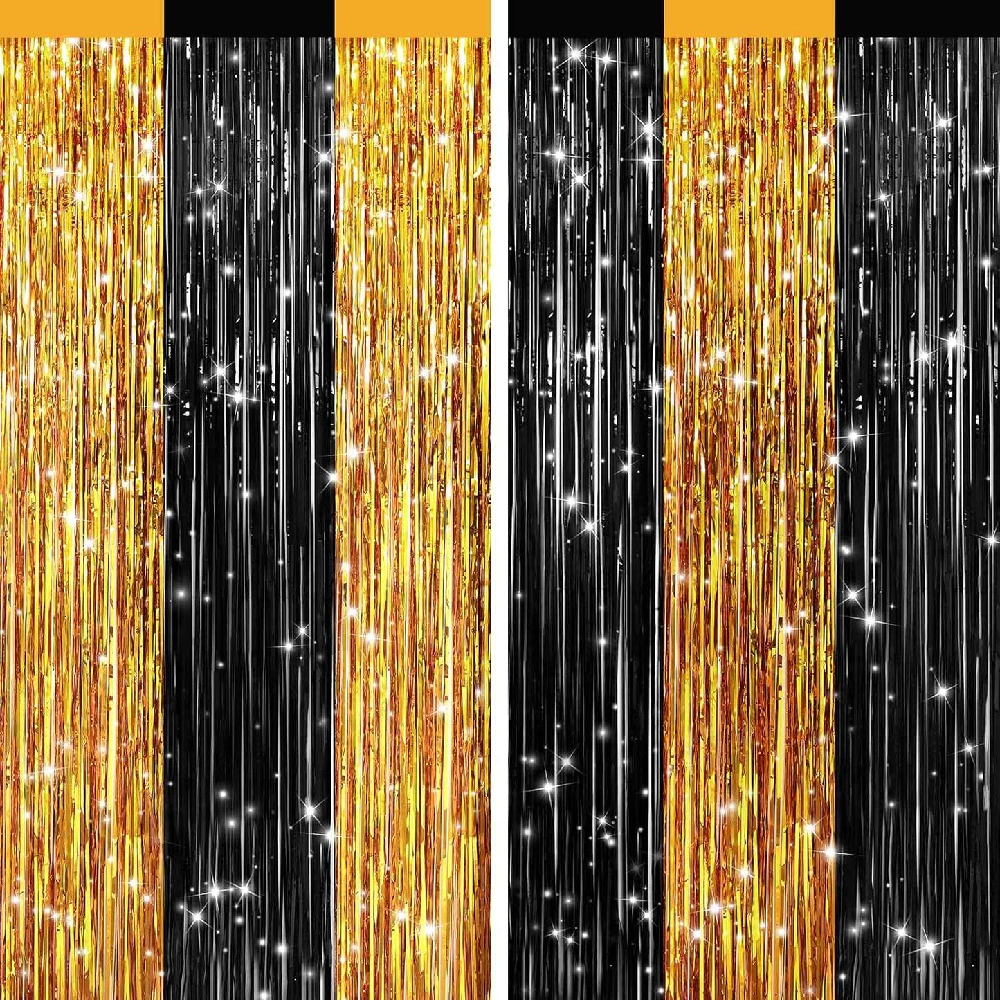 GCB 2Pack Black Metallic Tinsel Foil Fringe Curtains, Black Foil Curtain Backdrop, Photo Booth Props for Birthday Wedding Baby Shower Bachelorette Xmas Celebration Party Decorations Door Streamers
