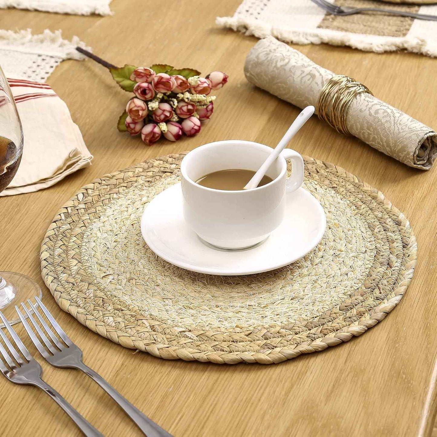 Handmade Boho Placemats Set of 6 - Natural Cotton Burlap and Water Straw Woven Combination Table Mats, Macrame Décor and Farmhouse Style Placemats, for Dining Table Kitchen