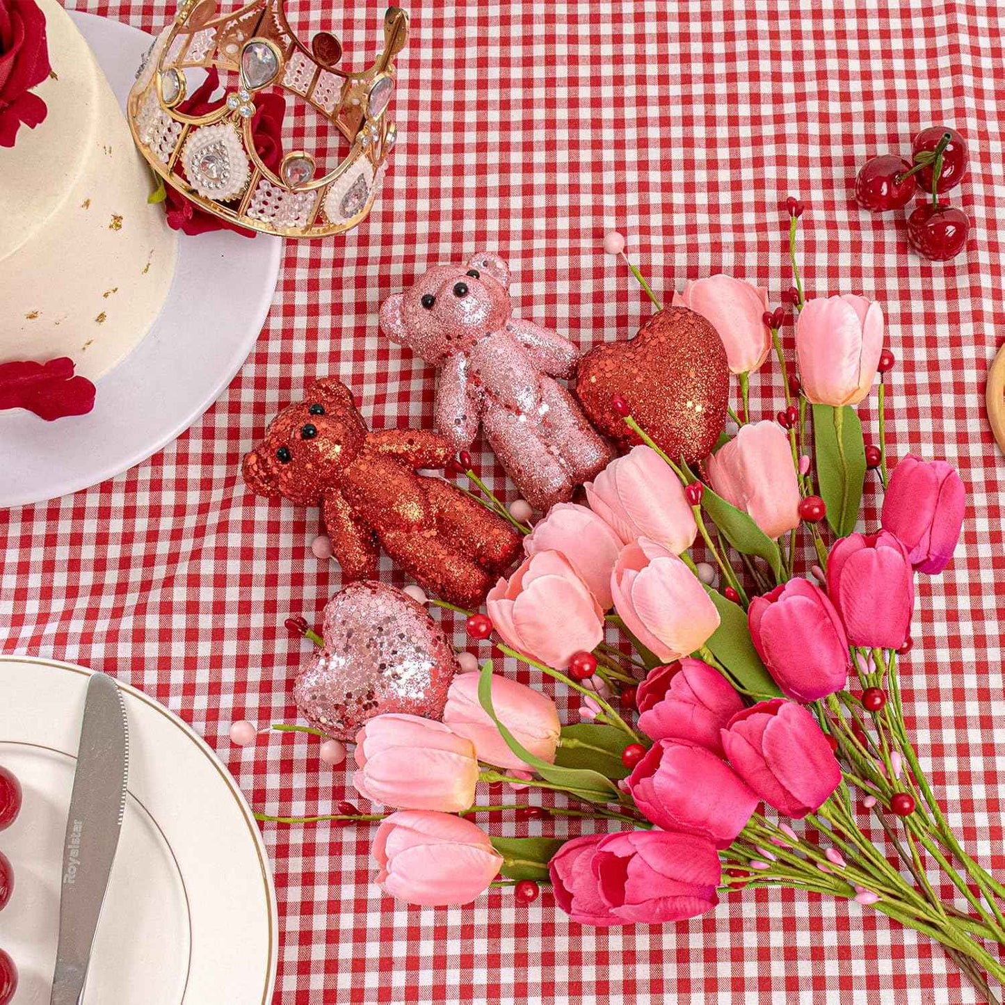 JINGHONG Valentine's Day Decorations Valentines Day Gifts 10 Pack Artificial Floral Picks with Pink Red Bear and Heart Tulip for Valentine Mothers Day Anniversary Candlelight Dinner Party Decor