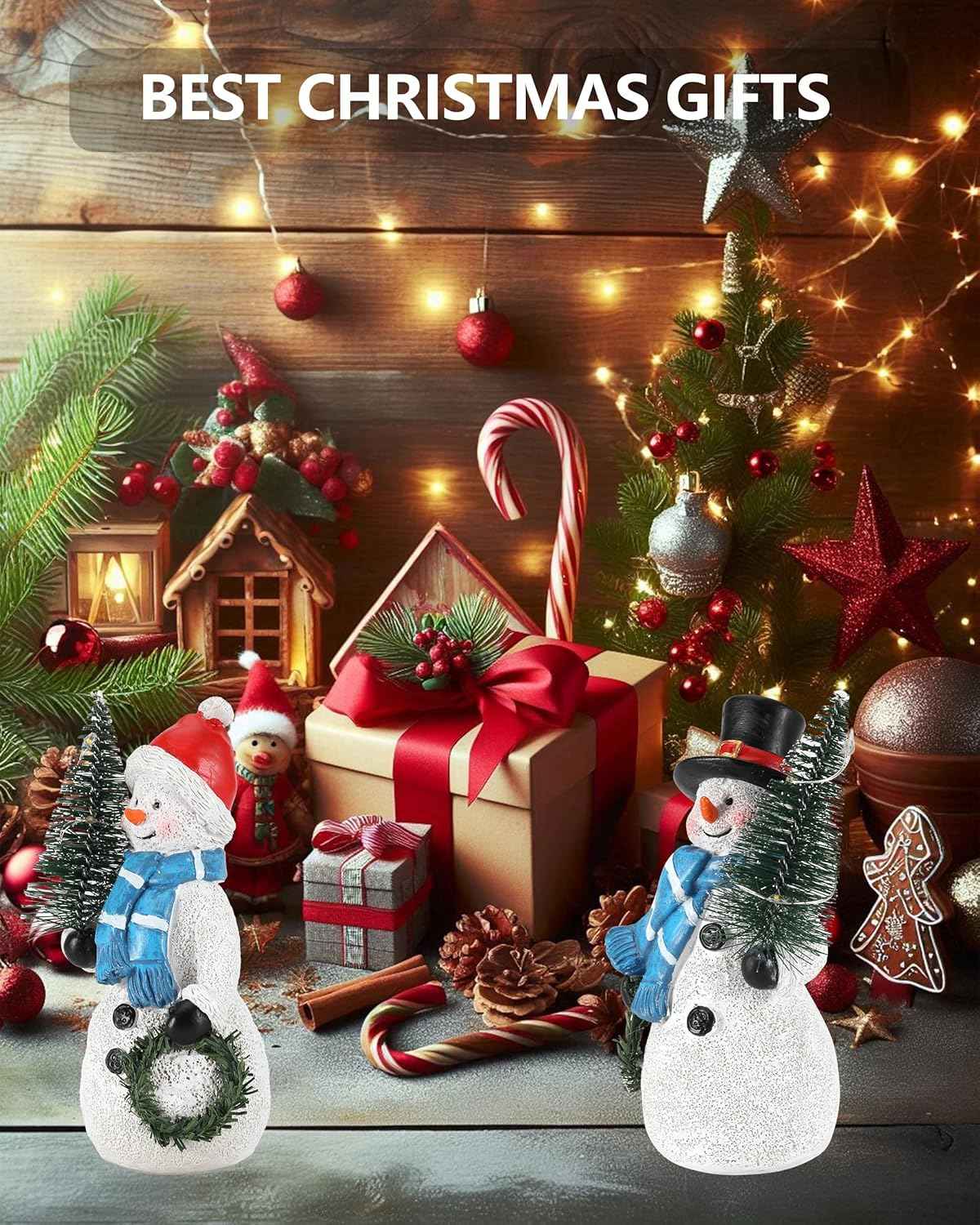 Duo 5'' Resin Snowman Figurines with Lighted Christmas Tree Wreath - Christmas Decorations Indoor Snowman Decor Ornaments Centerpiece - Winter Holiday (Snowmen)