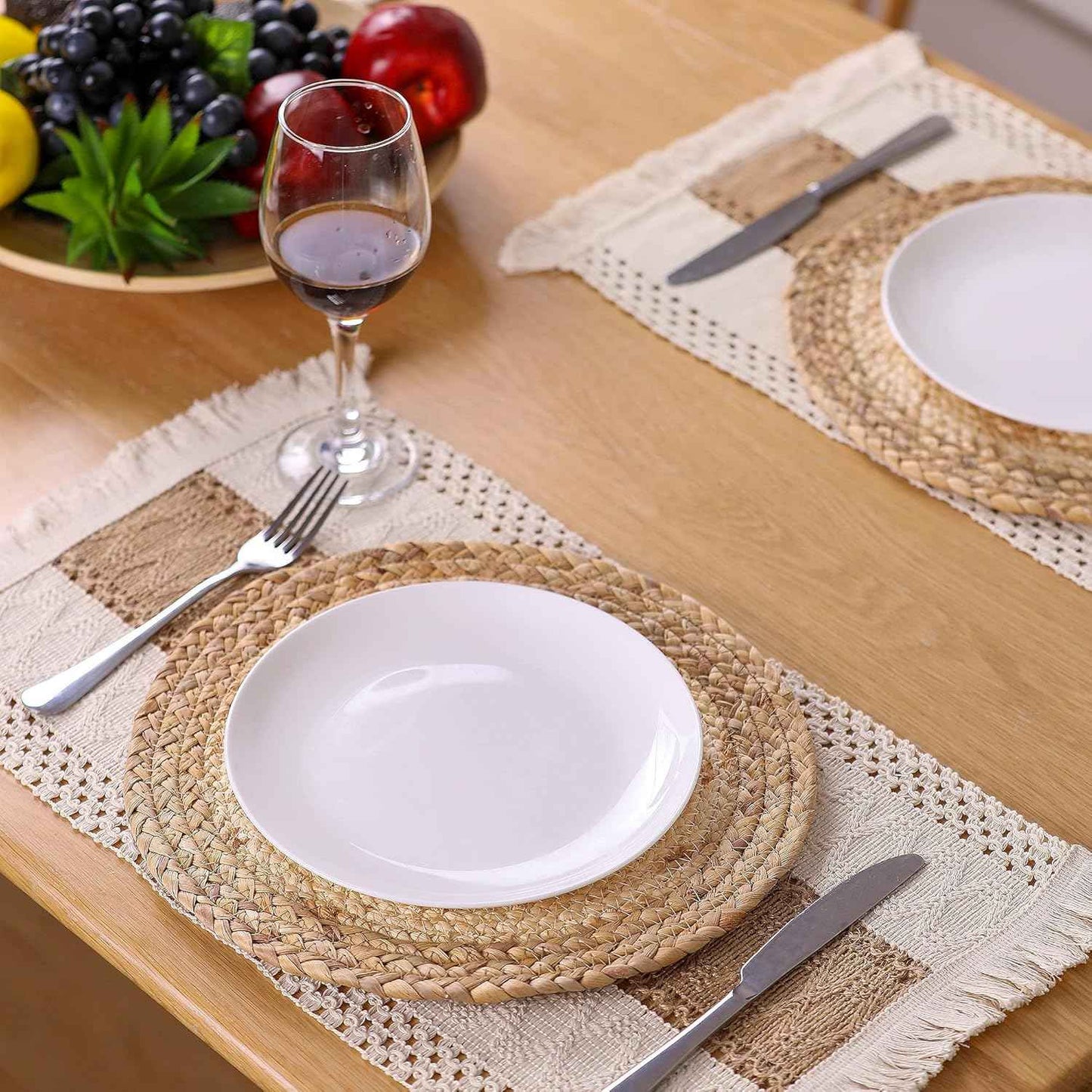 Handmade Boho Placemats Set of 6 - Natural Cotton Burlap and Water Straw Woven Combination Table Mats, Macrame Décor and Farmhouse Style Placemats, for Dining Table Kitchen