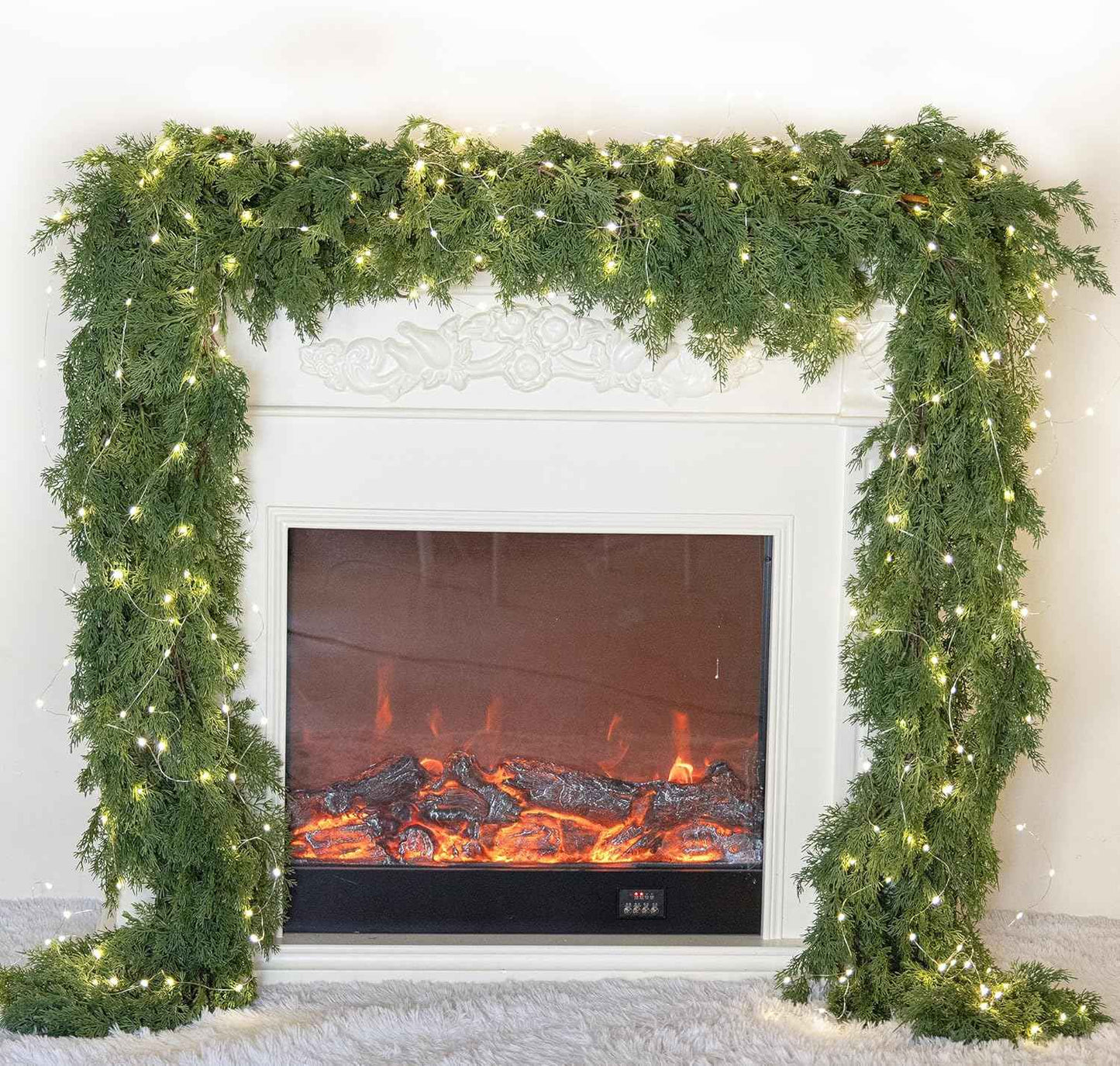 6FT Christmas Garland PARTY JOY Cedar Garland with 9.8FT LED String Lights, Greenery Plant for Christmas Decorations Table Mantle Background Wall Room Outdoor Indoor Winter Decoration