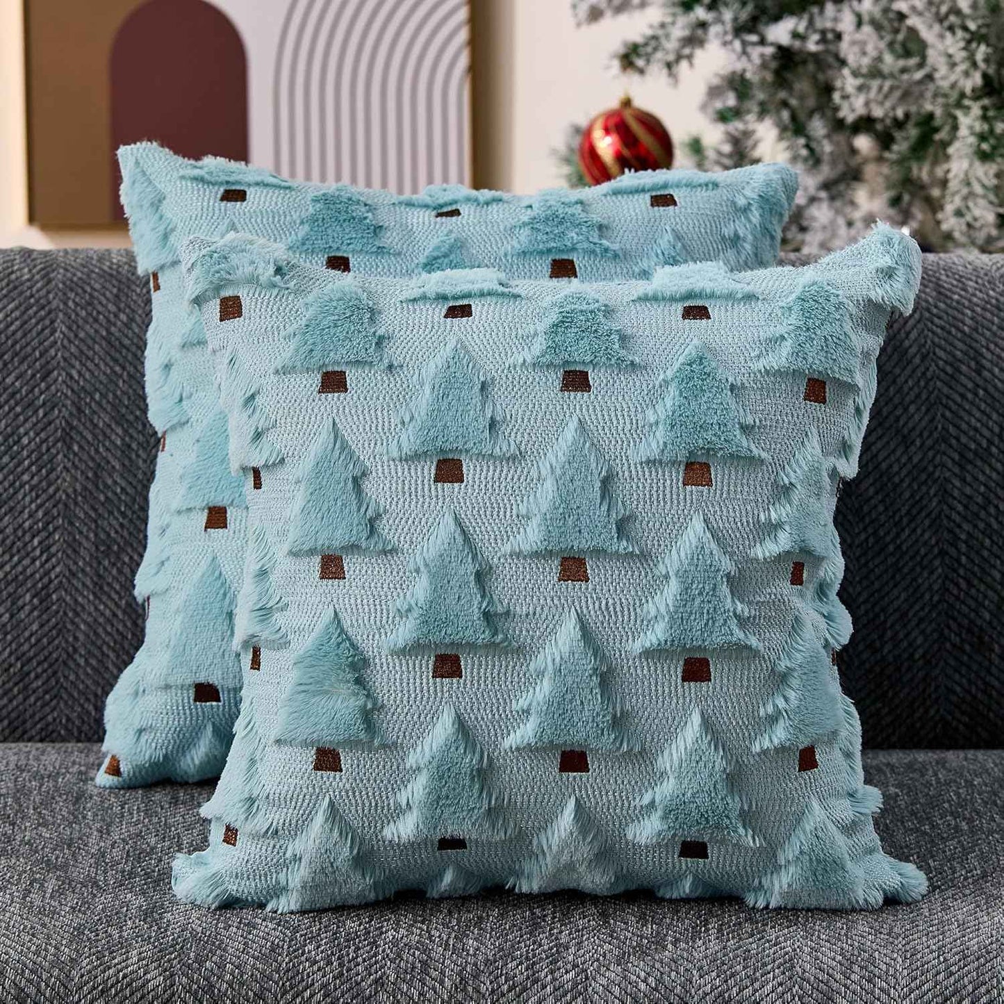 Christmas Pillow Covers 18x18 inch, Set of 2 Soft Plush Faux Fur Wool Throw Pillow Cases with Beige Christmas Tree Design