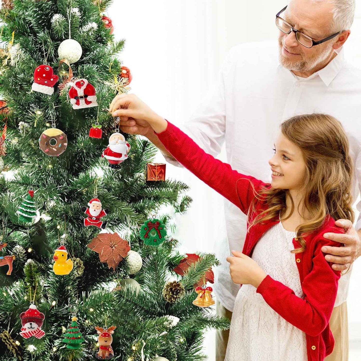 Mini Christmas Ornaments, Sooez Set of 24 Cute Miniature Resin Christmas Tree Ornament Figures Advent Calendar Fillers, Durable & Well-Crafted 3-D Figurines with Gold Loops for Easy Hanging