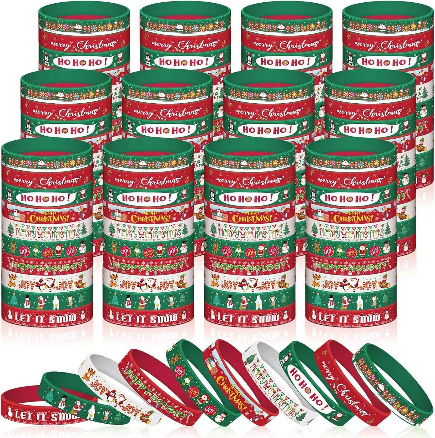 Syhood 200 Pieces Christmas Silicone Bracelets Rubber Wristbands Bulk Merry Christmas Bracelets Gifts for Kids Adult Xmas Party Favors Stocking Stuffers, 10 Style (Red, Dark Green, White)