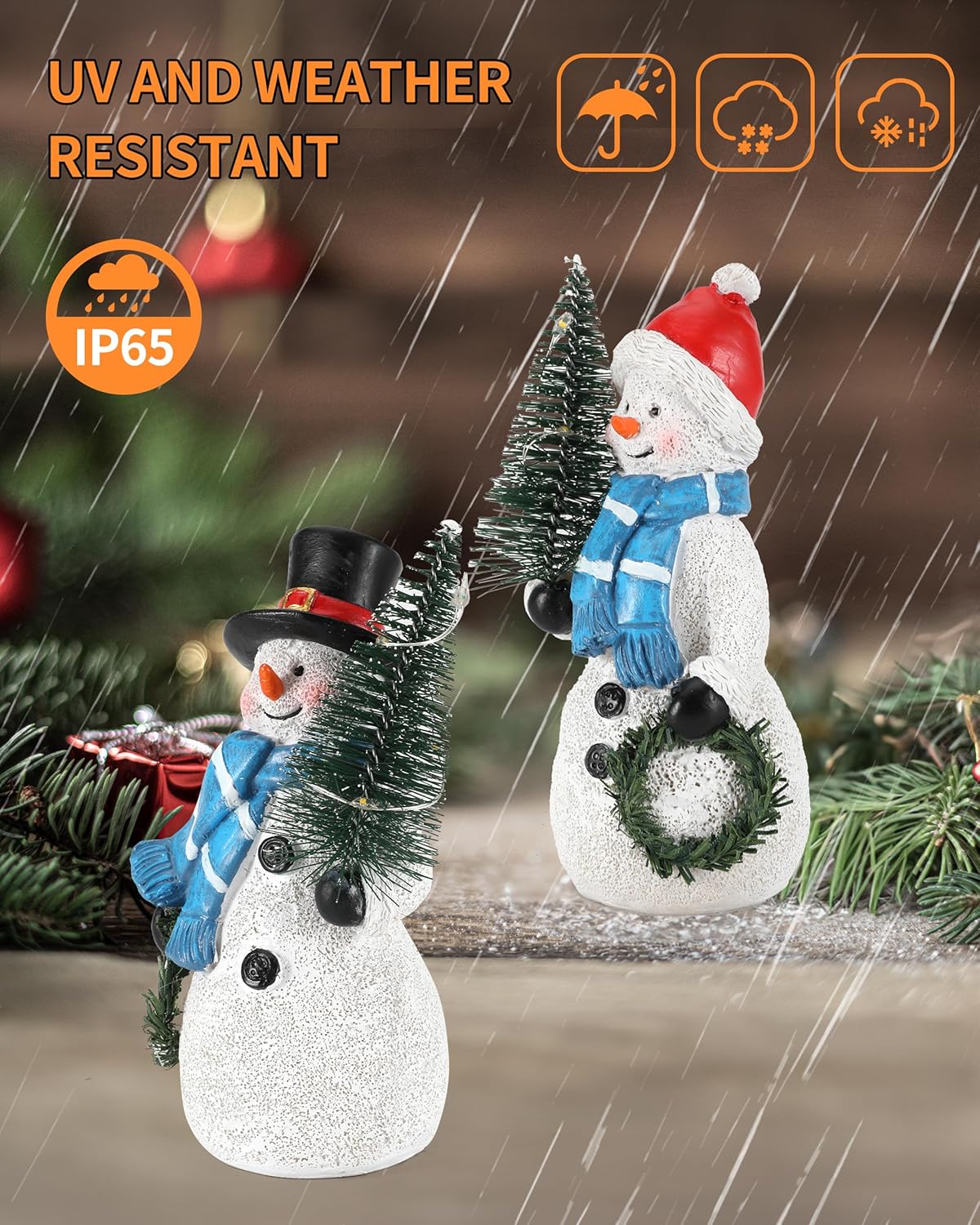iStatue Resin Snowmen Figurines with Lighted Christmas Tree and Wreath 5'' - Set of 2 Battery Operated - Holiday Decorations Home Decor (Snowman)