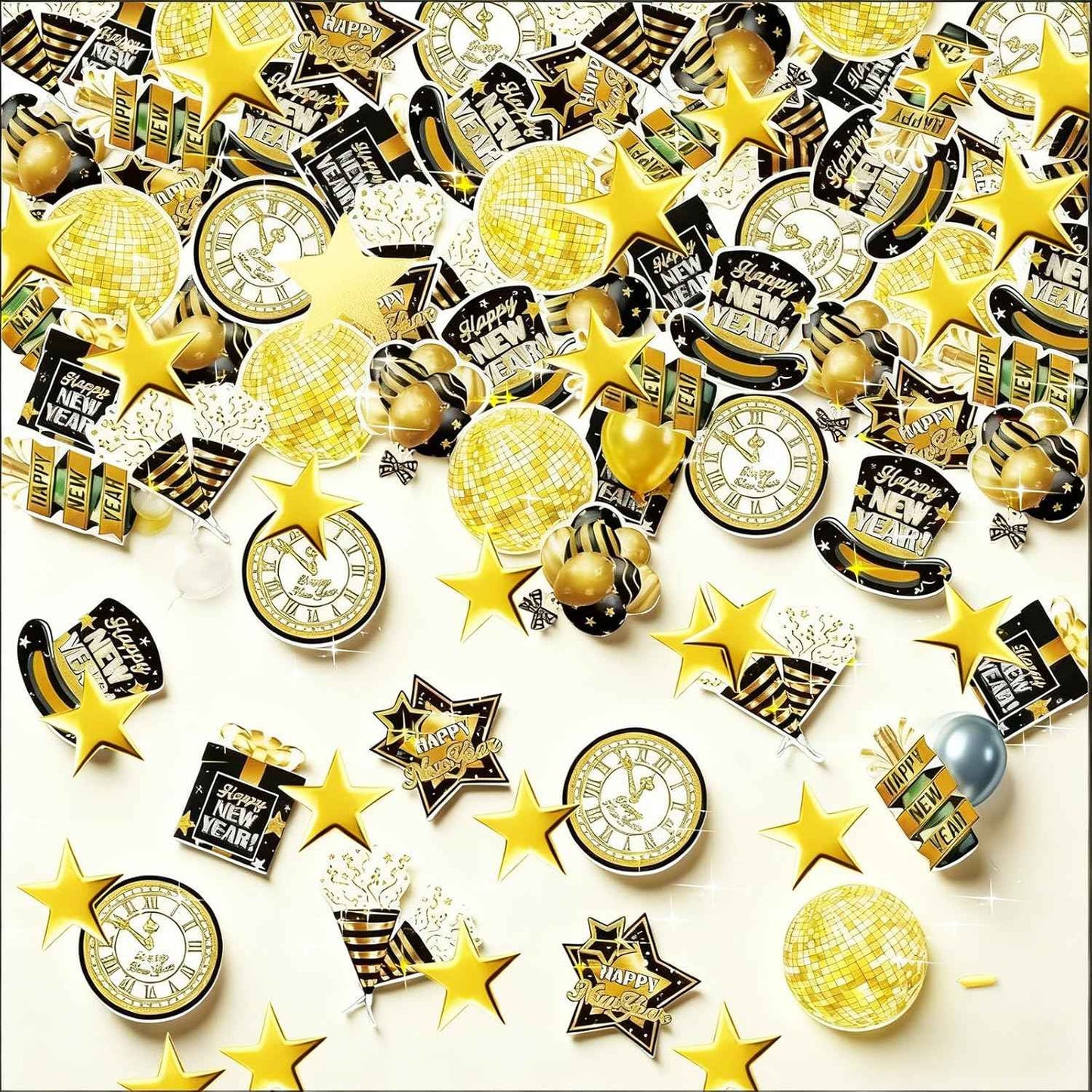 New Years Eve Party Decorations 2026,Happy New Years Decorations Black and Gold Confetti,200pcs Black Gold New Year's Eve Glitter Table Confetti Centerpiece Gold Stars for Clock Disco Ball Design