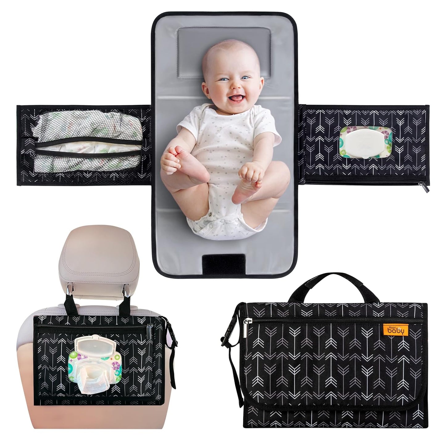 Kopi Baby Portable Diaper Changing Pad - Baby Diaper Changer Travel Bag with Wipes Pocket, Smart Design Portable Changing Mat, Infant Travel Station Kit, Gift for Newborn Girl & Boy - Grey, Classic