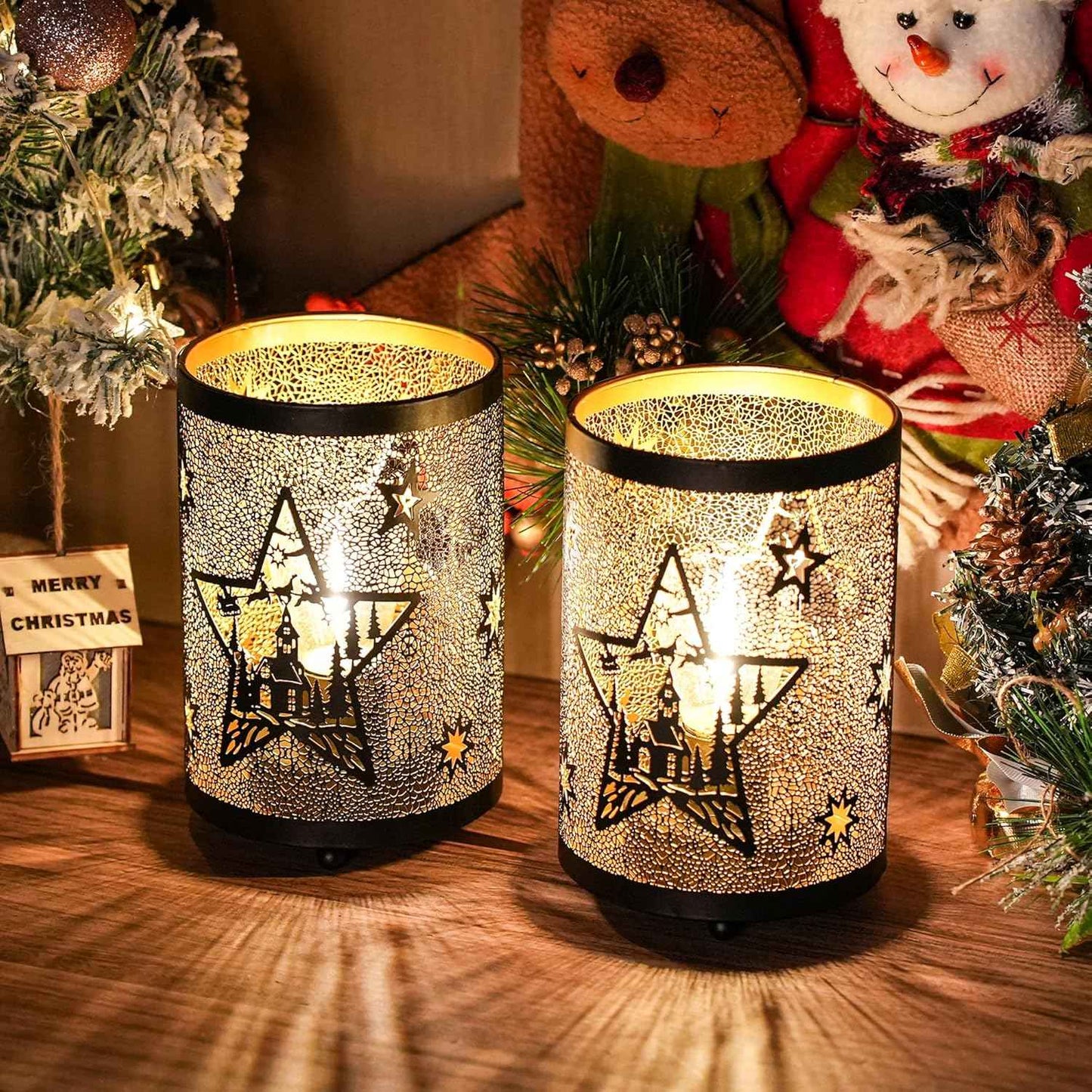 TRIROCKS Christmas Candle Lantern 7" H Etched Metal Candle Holder Christmas Decorations for Living Room Kitchen Tabletop Parties Patio Outdoors Indoors(3PCS;Bronze House)