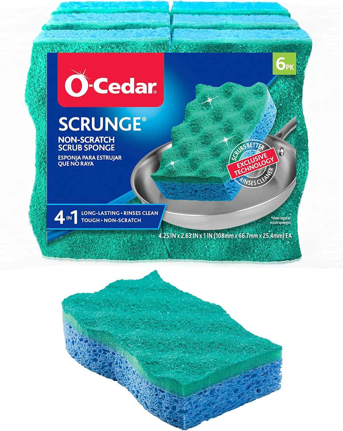 O-Cedar Scrunge Non-Scratch Scrub Sponge (Pack of 6) Multi-Use, All-Purpose, Odor-Resistant, Scrubbing Sponge Safely Cleans All Hard Surfaces in Kitchen and Bathroom