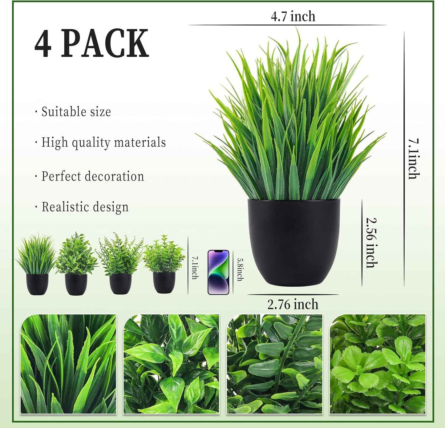 Der Rose Fake Plants 4 Packs Artificial Plants Small Faux Plants Black Bathroom Accessories for Halloween Bathroom Home Kitchen Coffee Table Office Desk Decor Indoor