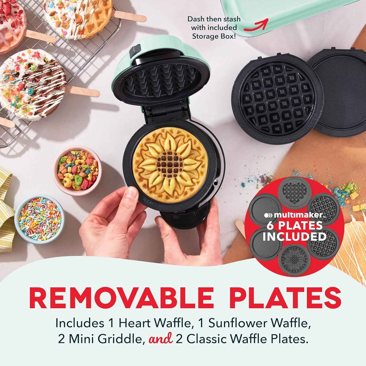 DASH Multimaker Mini System - Waffle Maker with Six 4” Removable Plates & Storage Case: Waffle Iron & Griddle, 4-in-1 Mini Waffle Maker for Kids and Families – Nonstick Surface, Just Add Batter (Aqua)