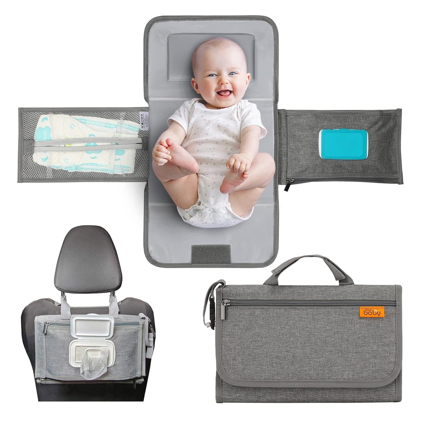 Kopi Baby Portable Diaper Changing Pad - Baby Diaper Changer Travel Bag with Wipes Pocket, Smart Design Portable Changing Mat, Infant Travel Station Kit, Gift for Newborn Girl & Boy - Grey, Classic