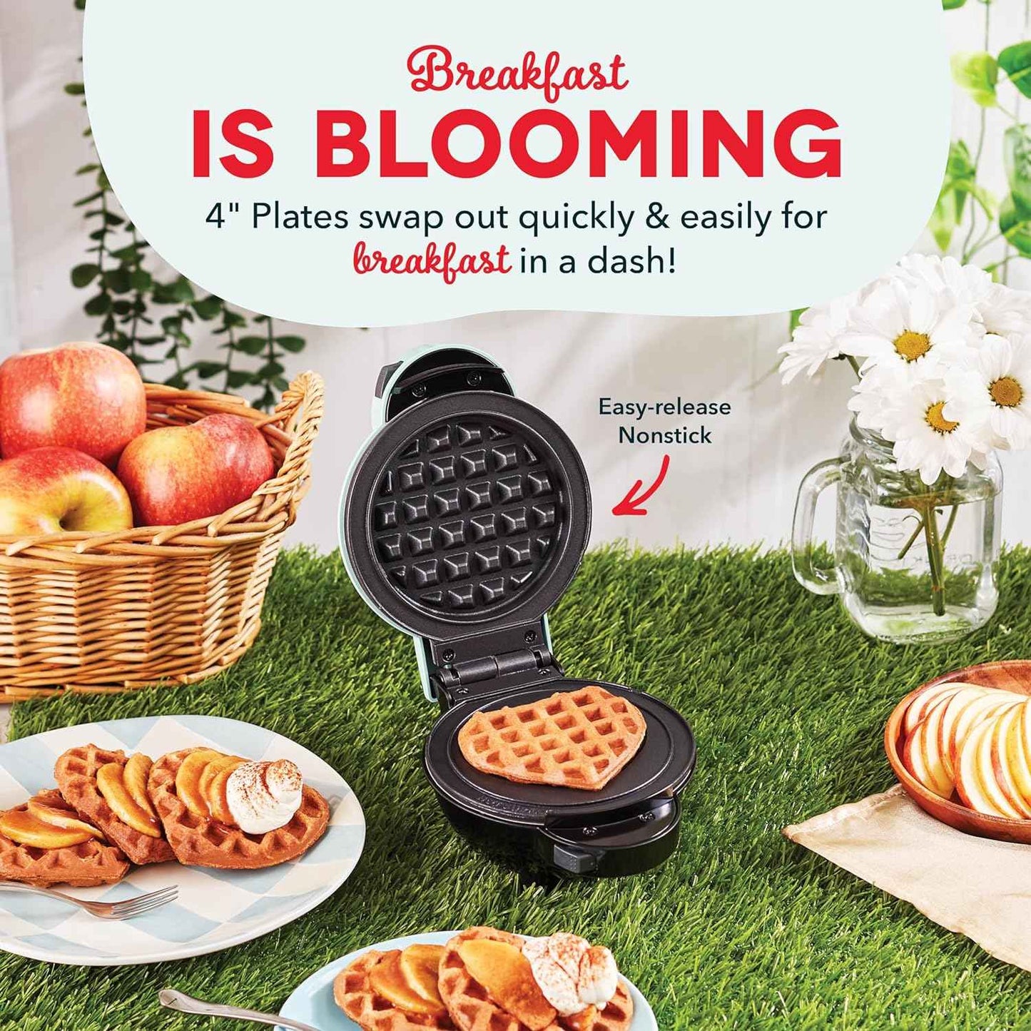 DASH Multimaker Mini System - Waffle Maker with Six 4” Removable Plates & Storage Case: Waffle Iron & Griddle, 4-in-1 Mini Waffle Maker for Kids and Families – Nonstick Surface, Just Add Batter (Aqua)