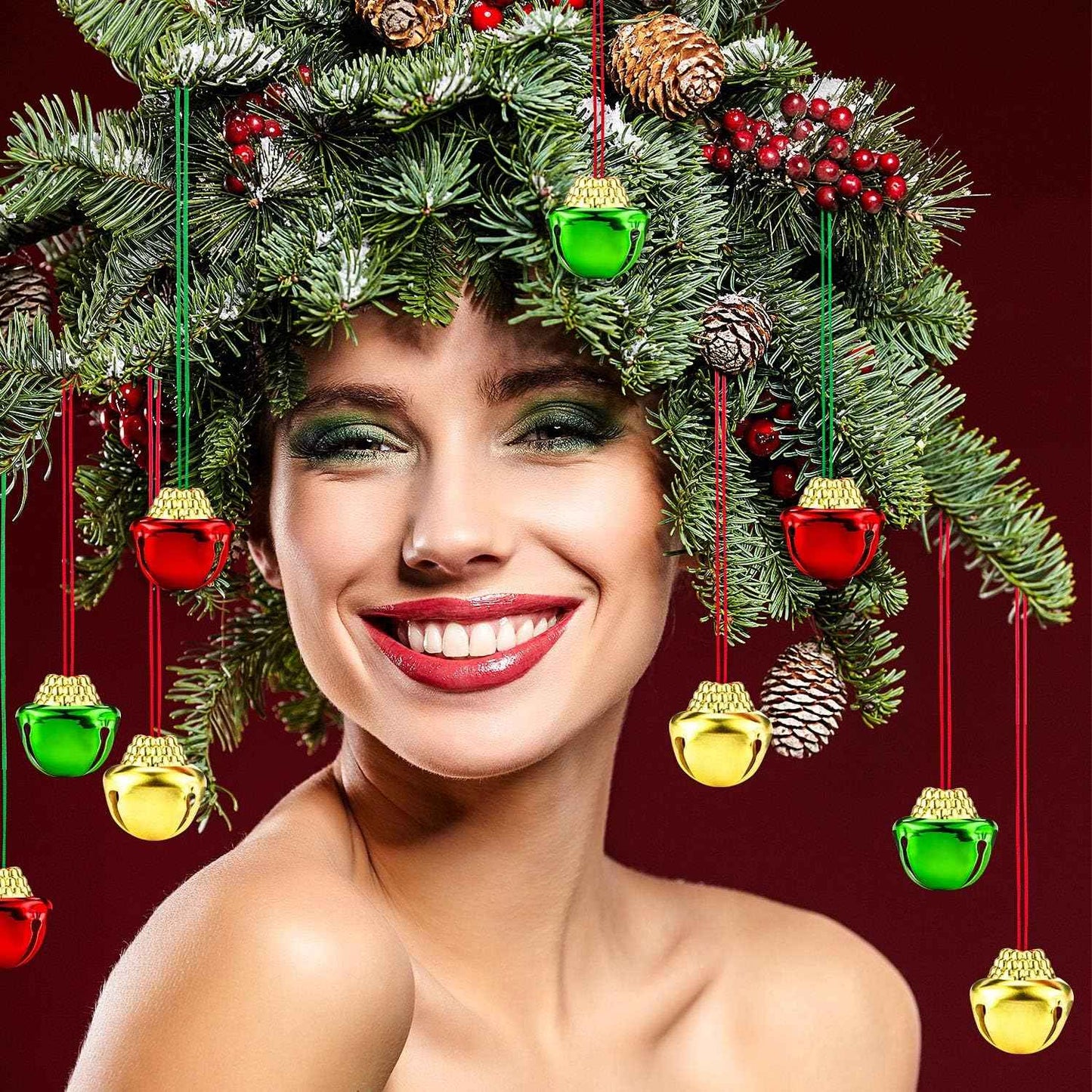 Sumind Christmas Bell Necklaces Christmas Holiday Gold Green Red Xmas Jingle Necklaces Bell with Ribbons for Craft Gift Supplies Stocking Stuffers Accessories (72 Pieces)