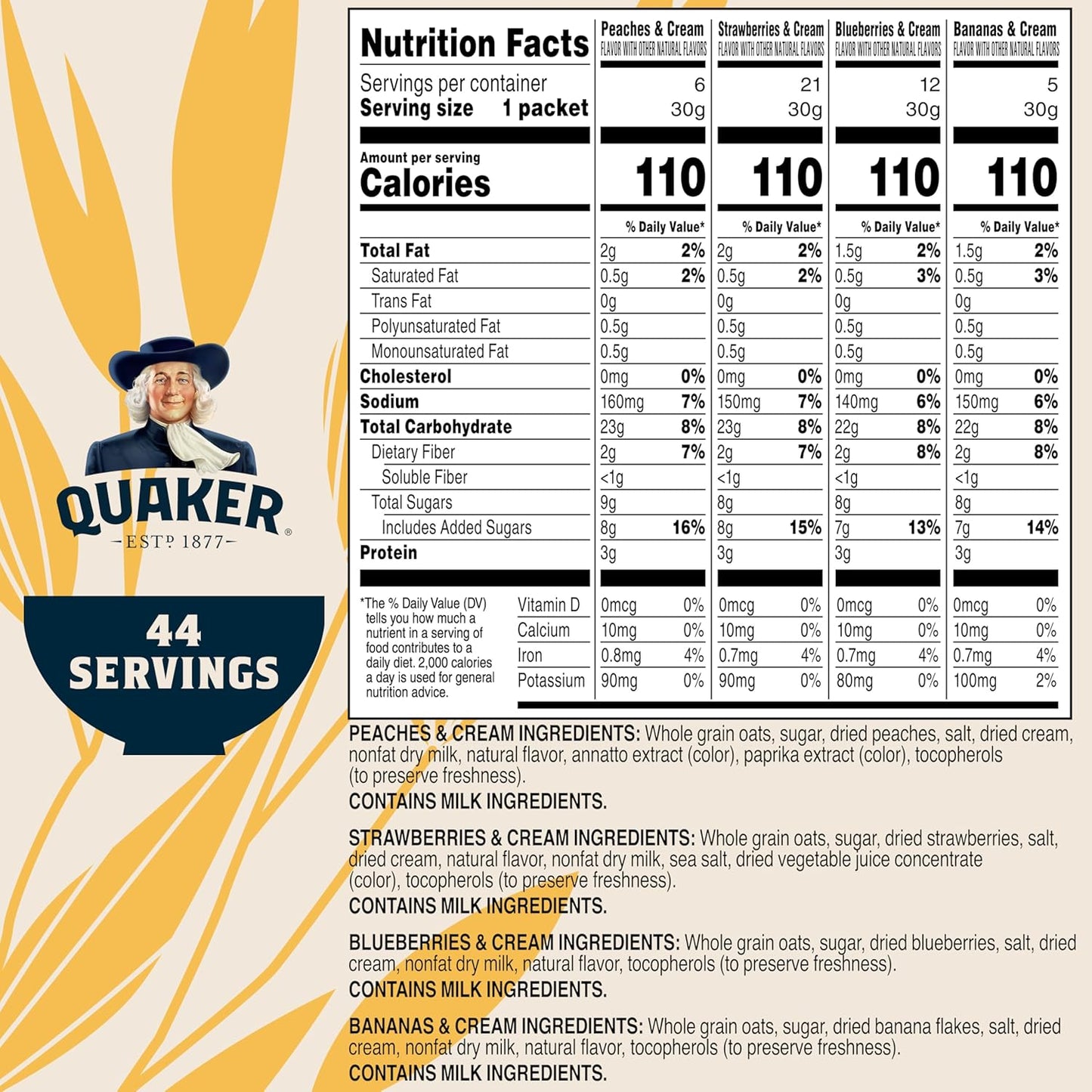 Quaker Instant Oatmeal Fruit & Cream Variety Pack, Single Serve Packets, (44 Pack)