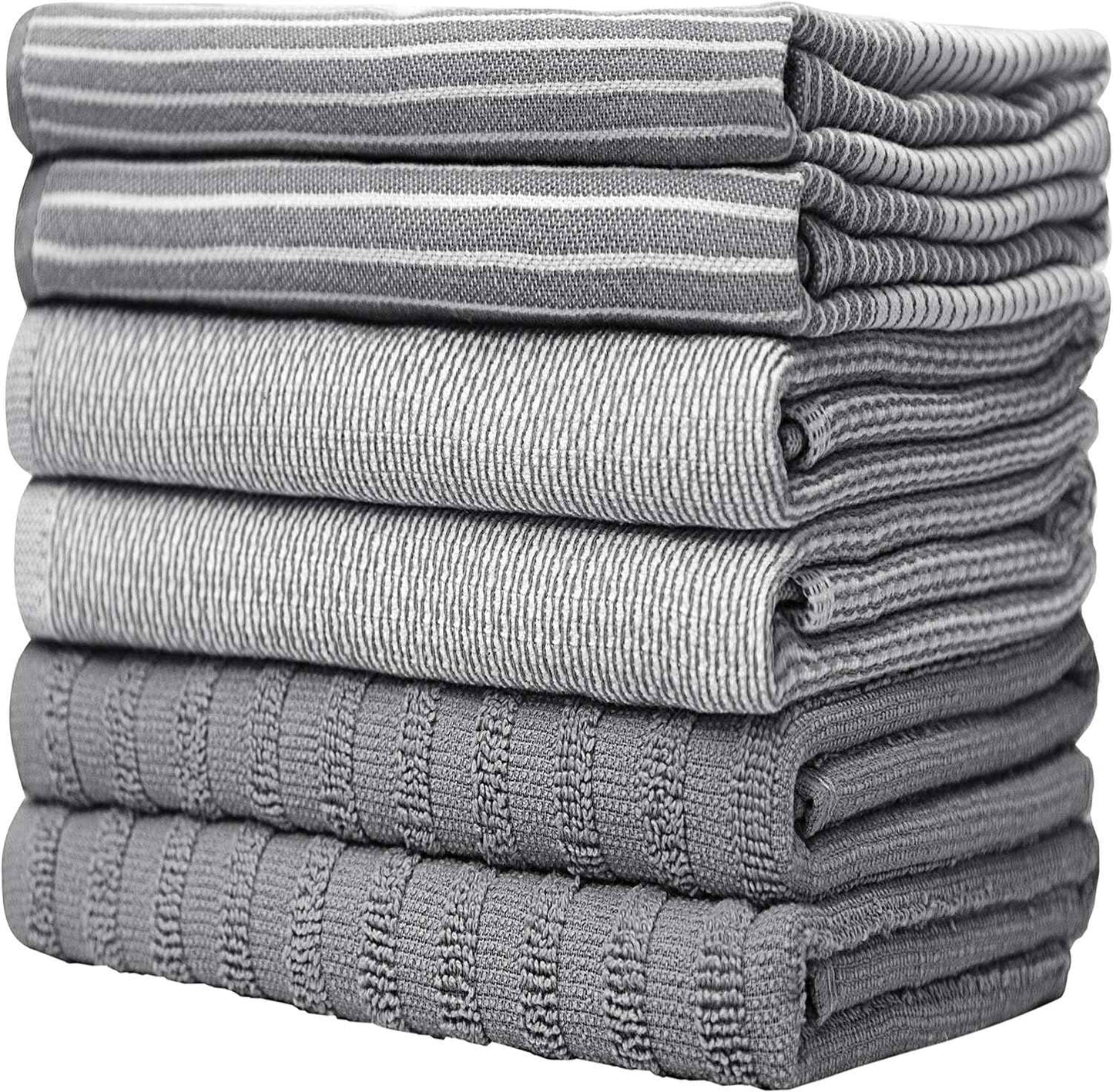Premium Kitchen Towels (20”x 28”, 6 Pack) | Large Cotton Kitchen Hand Towel | Flat & Terry Dish Cloths | Highly Absorbent Tea Towels Set with Hanging Loop | Gray