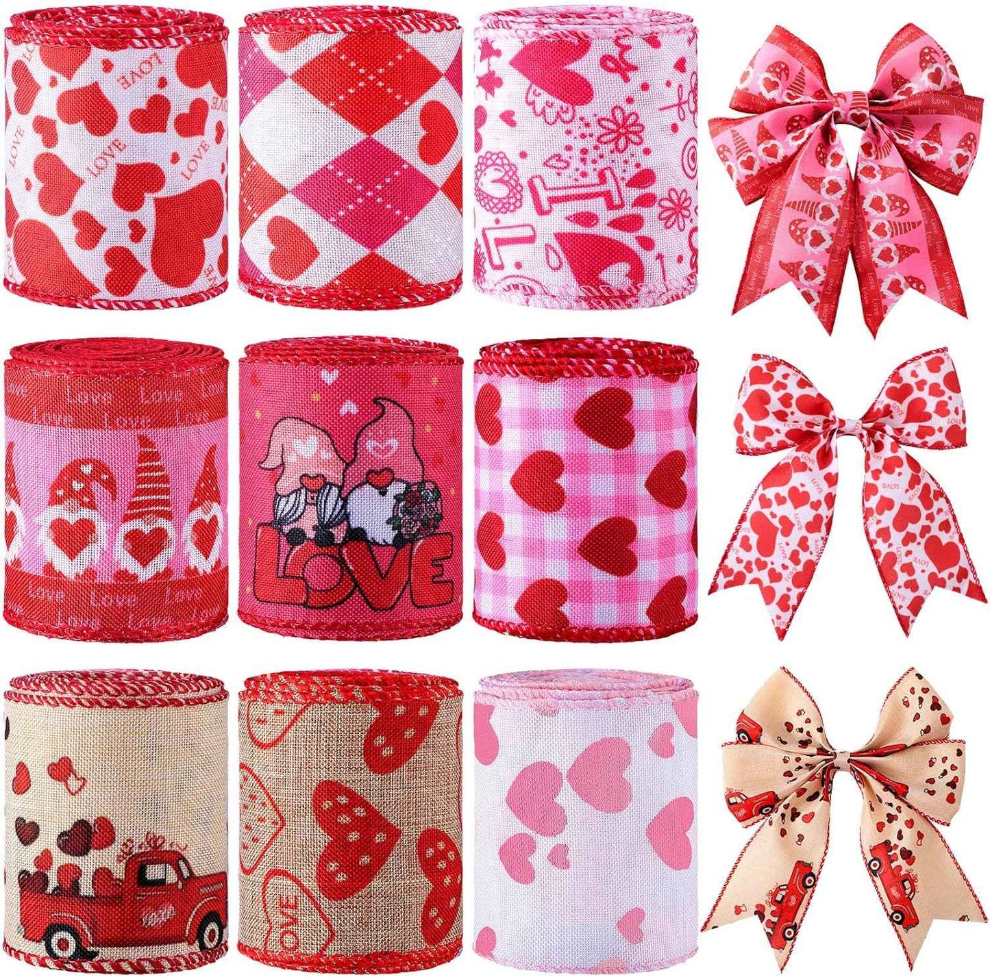 9 Rolls Valentines Wired Edge Ribbon Red Love Heart Truck Pattern Ribbons for Christmas Gift Wrap DIY Crafts Wedding Birthday Party Decoration Bow 2. 5 Inch