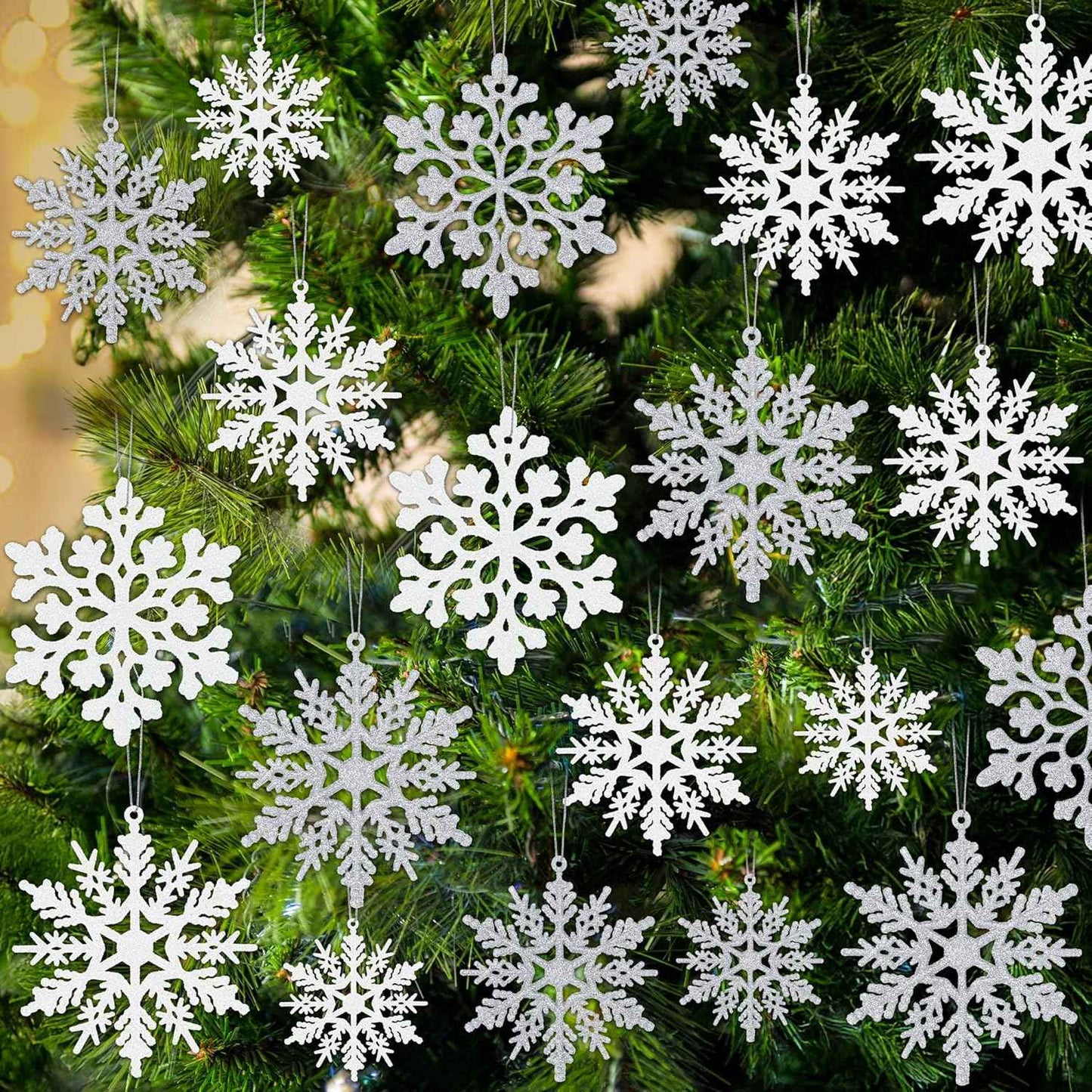 24PCS Snowflake Ornaments, Christmas White Snowflakes Tree Decorations, Plastic Glitter Snow Flakes Decorating Hanging, Xmas Tree Ornaments Indoor Ceiling Fireplace Winter Wonderland Decor