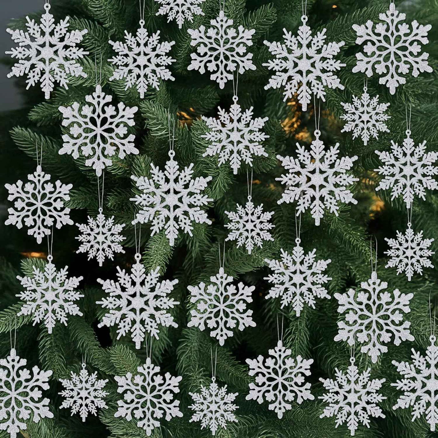24PCS Snowflake Ornaments, Christmas White Snowflakes Tree Decorations, Plastic Glitter Snow Flakes Decorating Hanging, Xmas Tree Ornaments Indoor Ceiling Fireplace Winter Wonderland Decor